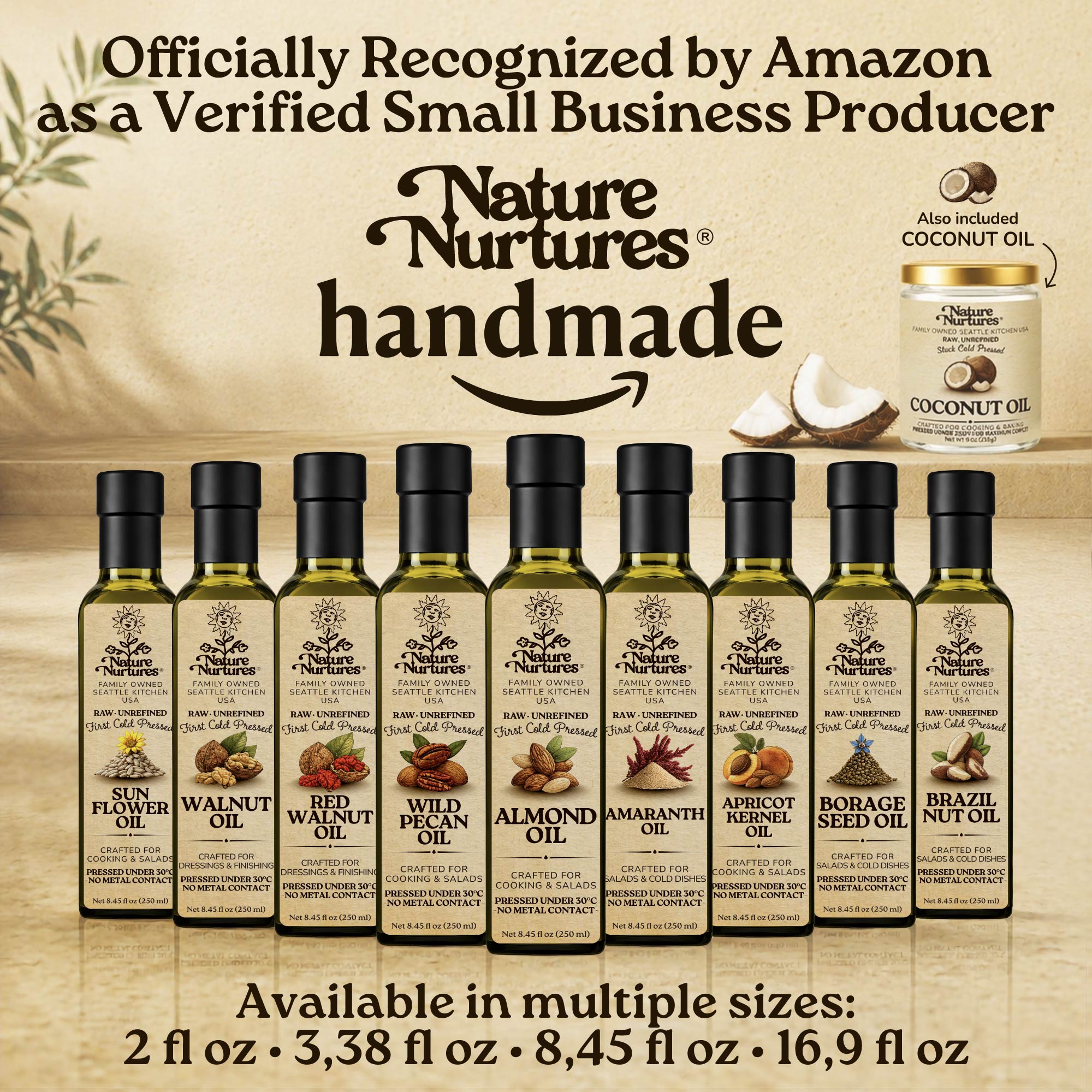 Over time, this approach becomes a full collection, officially recognized by Amazon as a verified small business producer, where each bottle carries the same careful standard and remains handmade, standing together like a quiet line of craft, including almond oil, walnut oil, black cumin seed oil, pumpkin seed oil, sesame oil, flaxseed oil, coconut oil, and more, available in 60 ml, 100 ml, 250 ml, and 500 ml sizes.