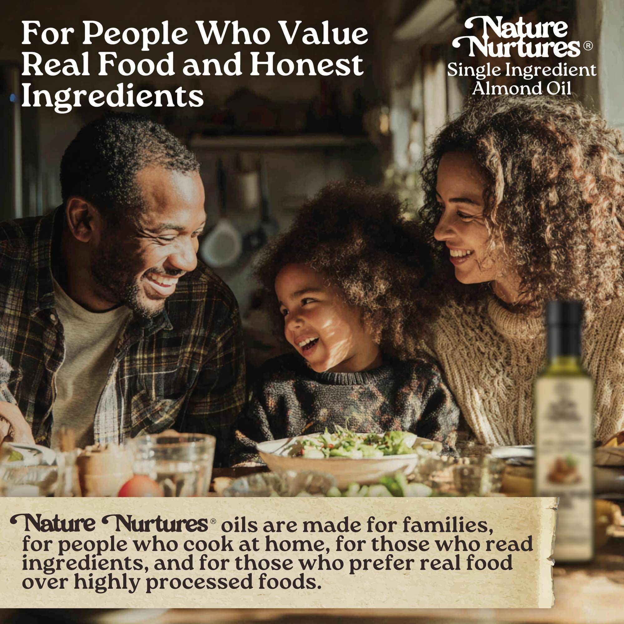 It comes back to the table, for people who value real food and honest ingredients, for families who cook at home, read labels, and choose real over highly processed, where single ingredient almond oil becomes part of everyday meals made with intention, the kind of meals that stay in memory longer than expected.