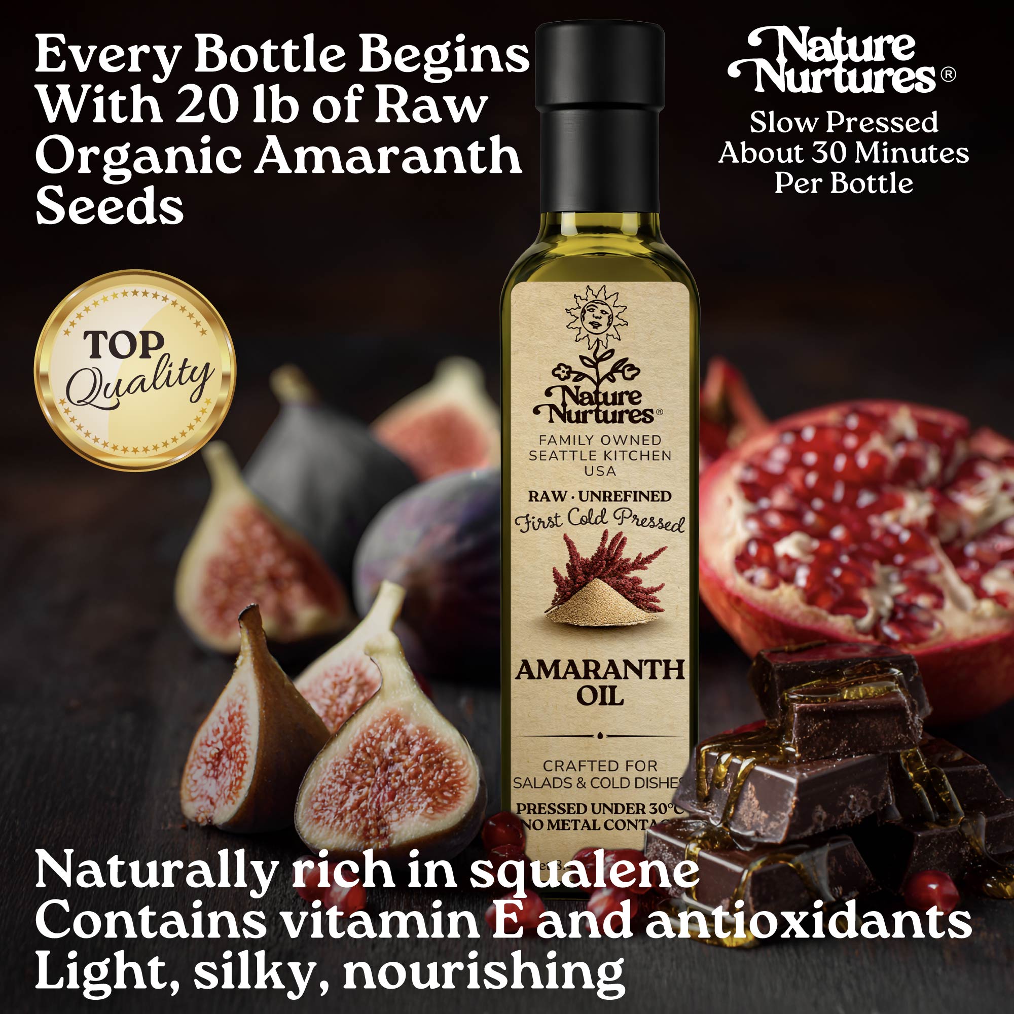 Every bottle begins with 20 lb of raw organic amaranth seeds, marked by top quality and slowly pressed for about 30 minutes, carrying the patience of something made with care, as if time itself slows down for it. Naturally rich in squalene, vitamin E, and antioxidants, it feels light, silky, and deeply nourishing.