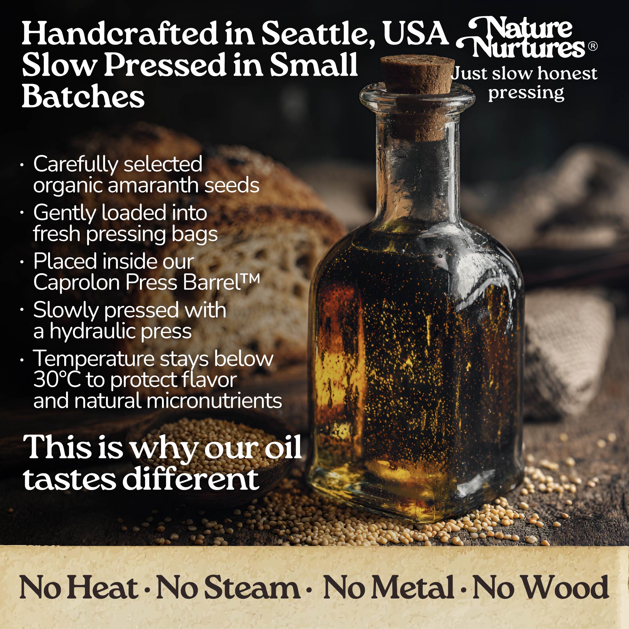 It continues in a small Seattle USA kitchen, where each batch is handcrafted and slowly pressed from carefully selected organic amaranth seeds. They are loaded into pressing bags, placed in the Caprolon Press Barrel, and pressed with a hydraulic press, where oil flows drop by drop into glass bottles. Temperature stays below 30°C to protect flavor and micronutrients. No heat, no steam, no metal, no wood, just slow, honest pressing that explains why the oil tastes different.