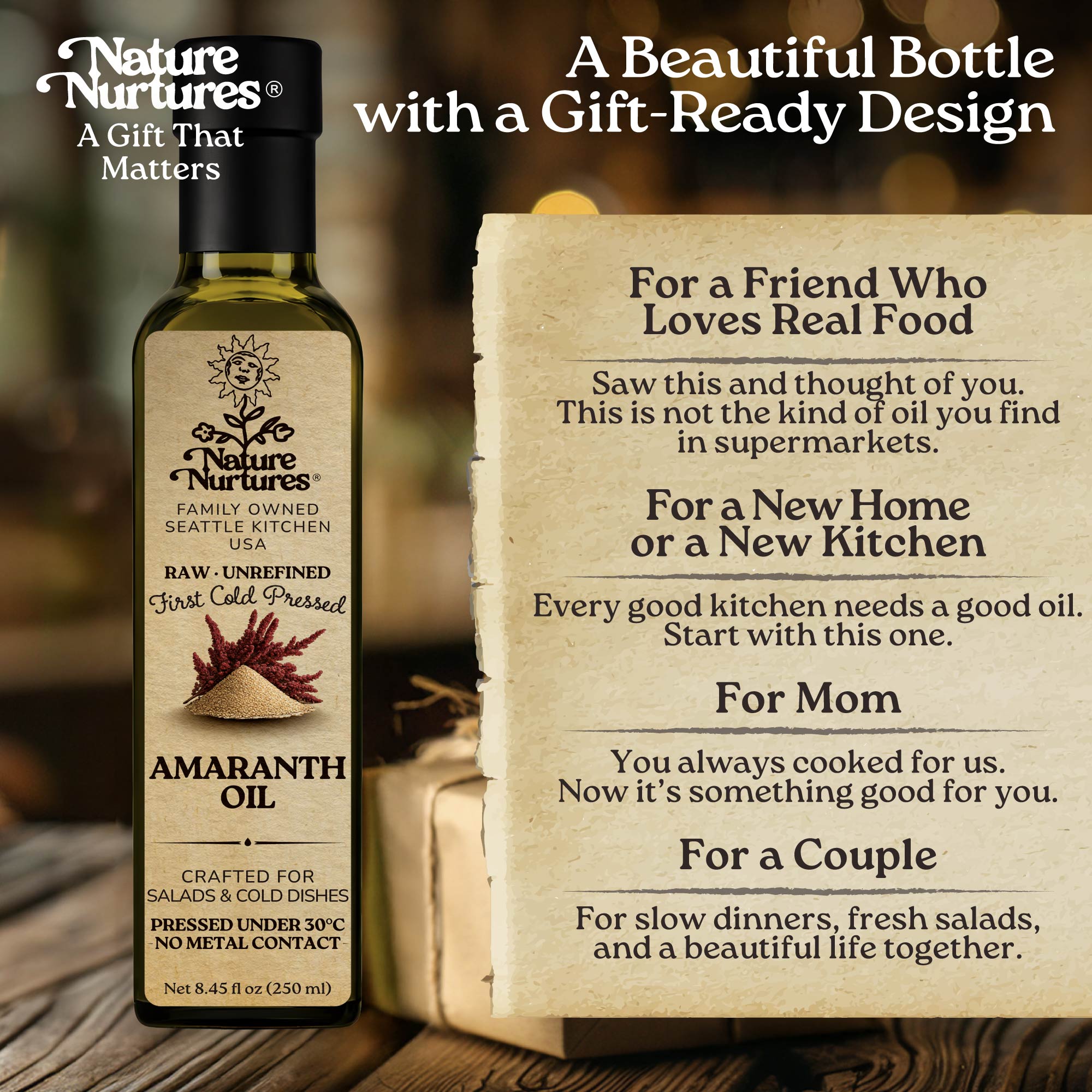 In the end, it becomes more than a bottle, it becomes something you give, like when someone brings it to a friend and says, “I thought you’d enjoy something real,” or leaves it as a housewarming gift with, “For your new kitchen,” or hands it to their mother with, “You deserve something better.” It finds its way into small, honest moments, simple meals, quiet dinners, and conversations at the table, the kind that stay with you long after everything is cleared.