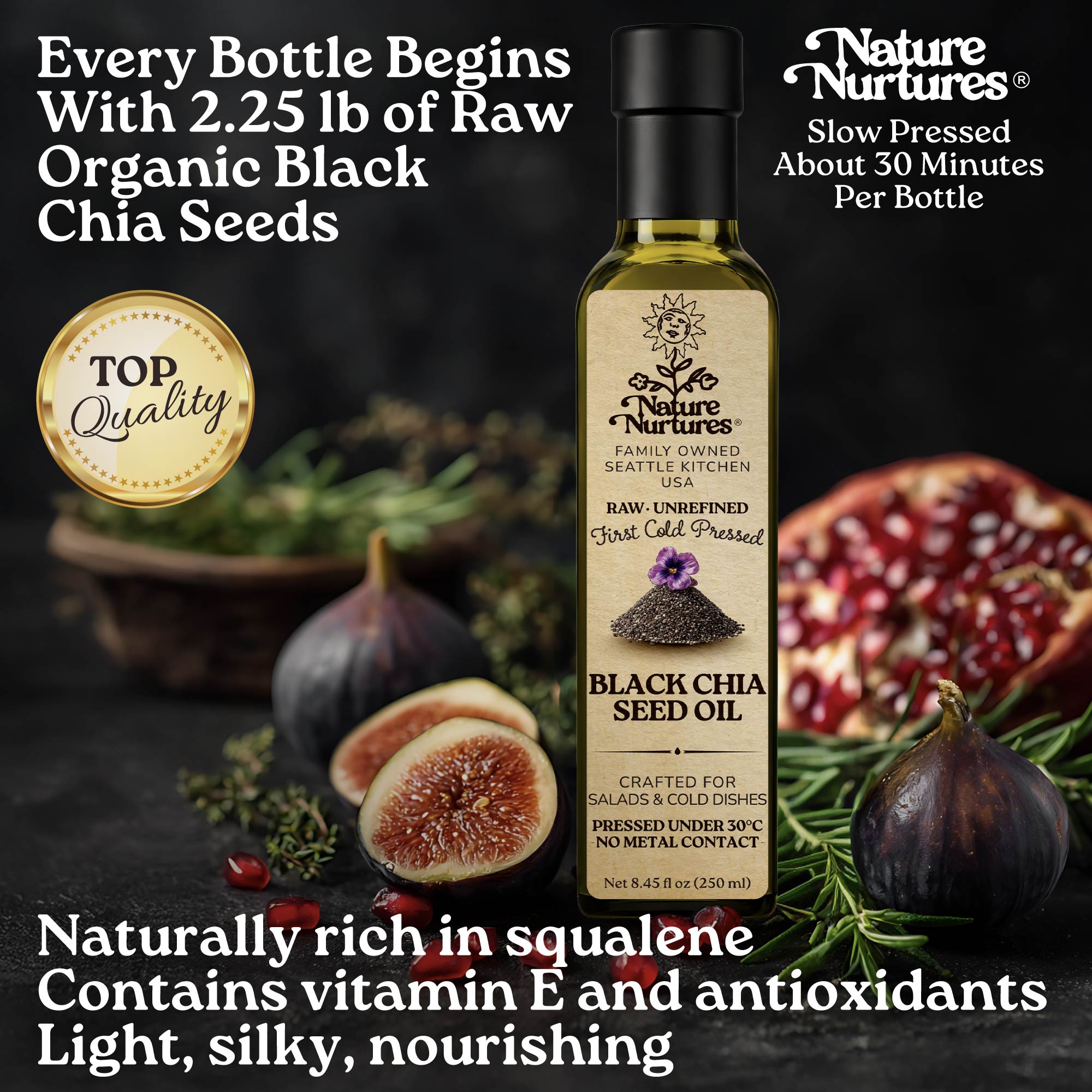 Every bottle begins with 2.25 lb of raw organic black chia seeds, marked by top quality and slowly pressed for about 30 minutes, carrying the patience of something made with care, as if time itself slows down for it. Naturally rich in squalene, vitamin E, and antioxidants, it feels light, silky, and nourishing.