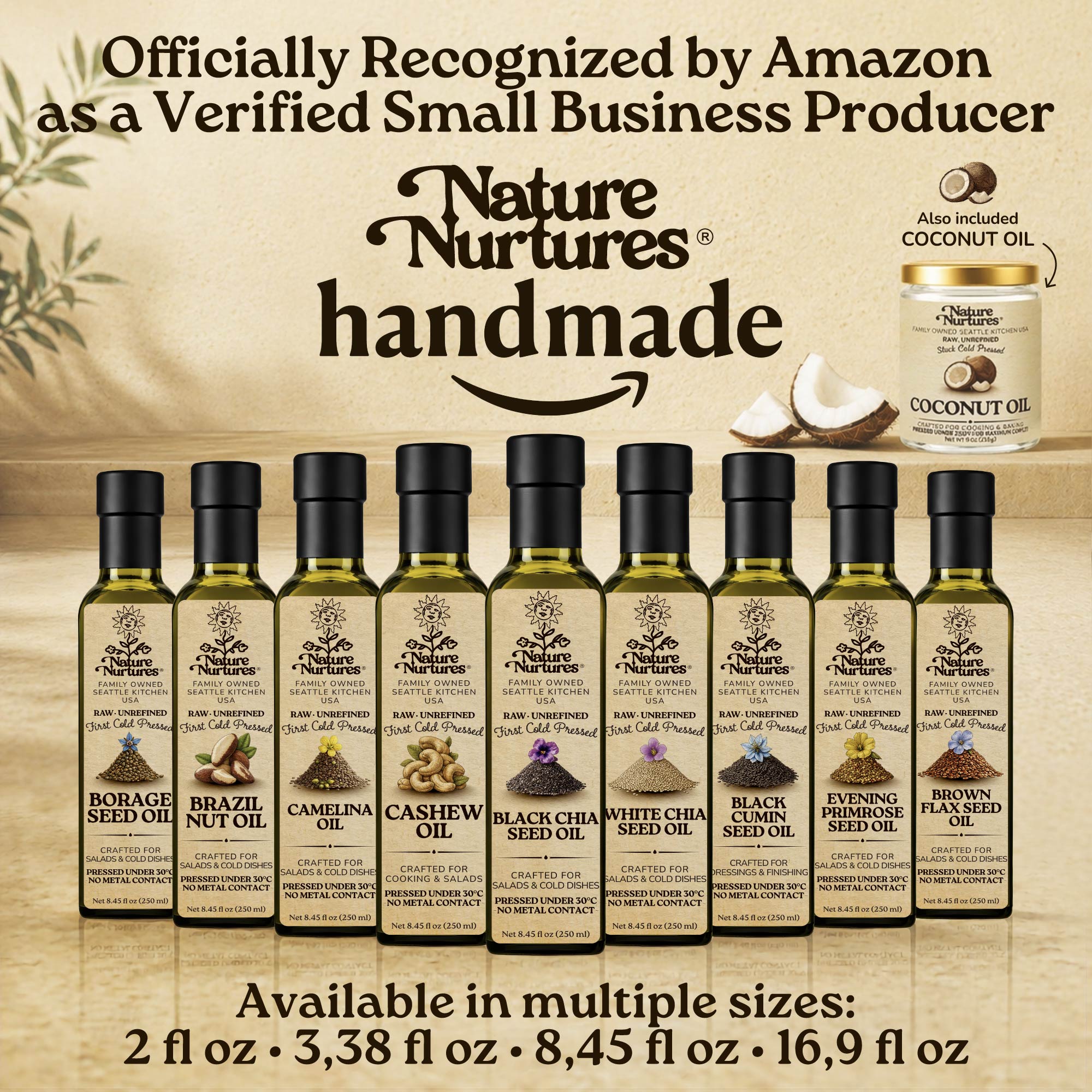 Over time, this approach becomes a full collection, officially recognized by Amazon as a verified small business producer, where each bottle carries the same careful standard and remains handmade, standing together like a quiet line of craft, including hemp seed oil, white sesame oil, pine nut oil, wild pecan oil, and milk thistle oil, available in 60 ml (2 fl oz), 100 ml (3.38 fl oz), 250 ml (8.45 fl oz), and 500 ml (16.9 fl oz) sizes.