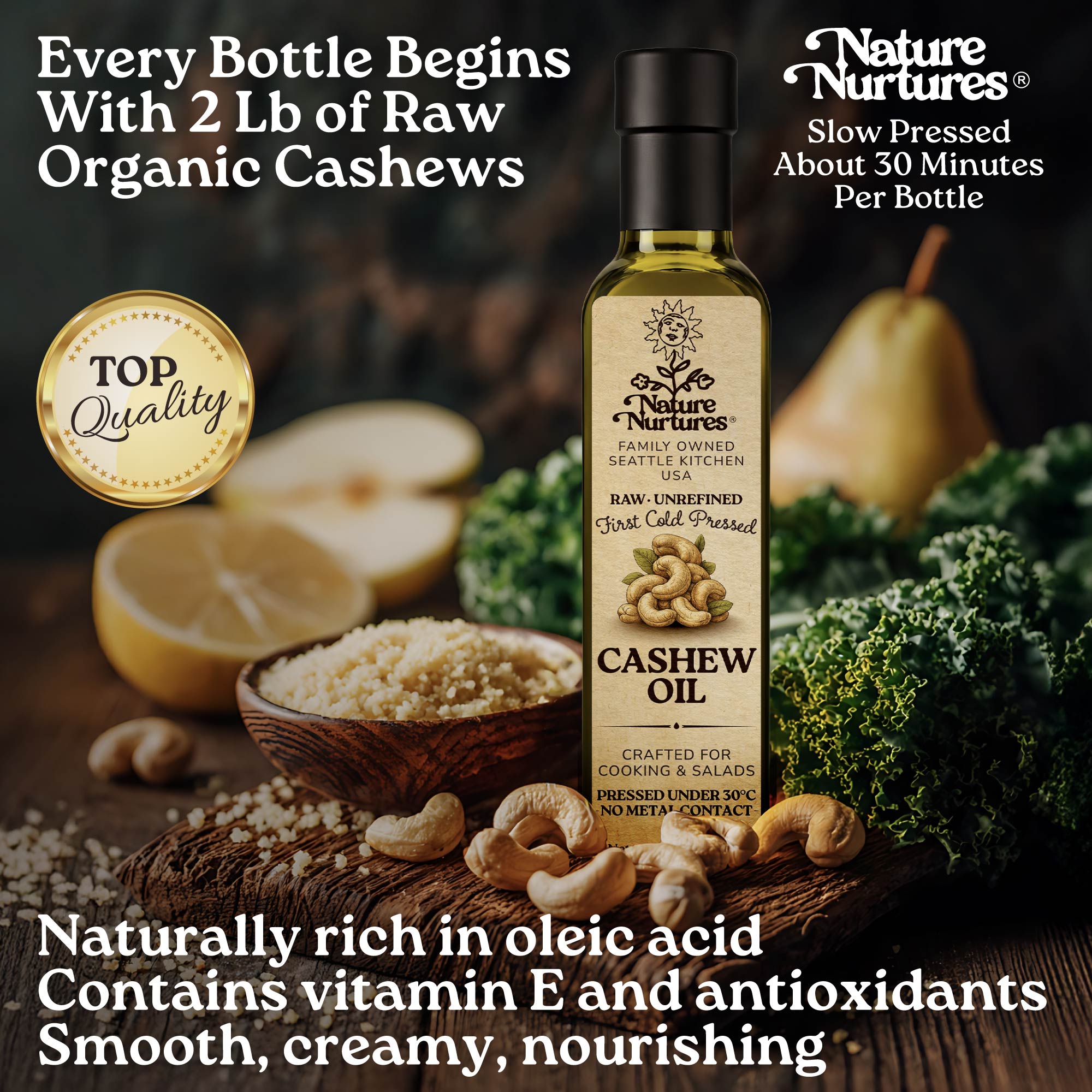 Every bottle begins with 2 lb of raw organic cashews, marked by top quality and slowly pressed for about 30 minutes, carrying the patience of something made with care, as if time itself slows down for it. Naturally rich in oleic acid, vitamin E, and antioxidants, it feels smooth, creamy, and deeply nourishing.