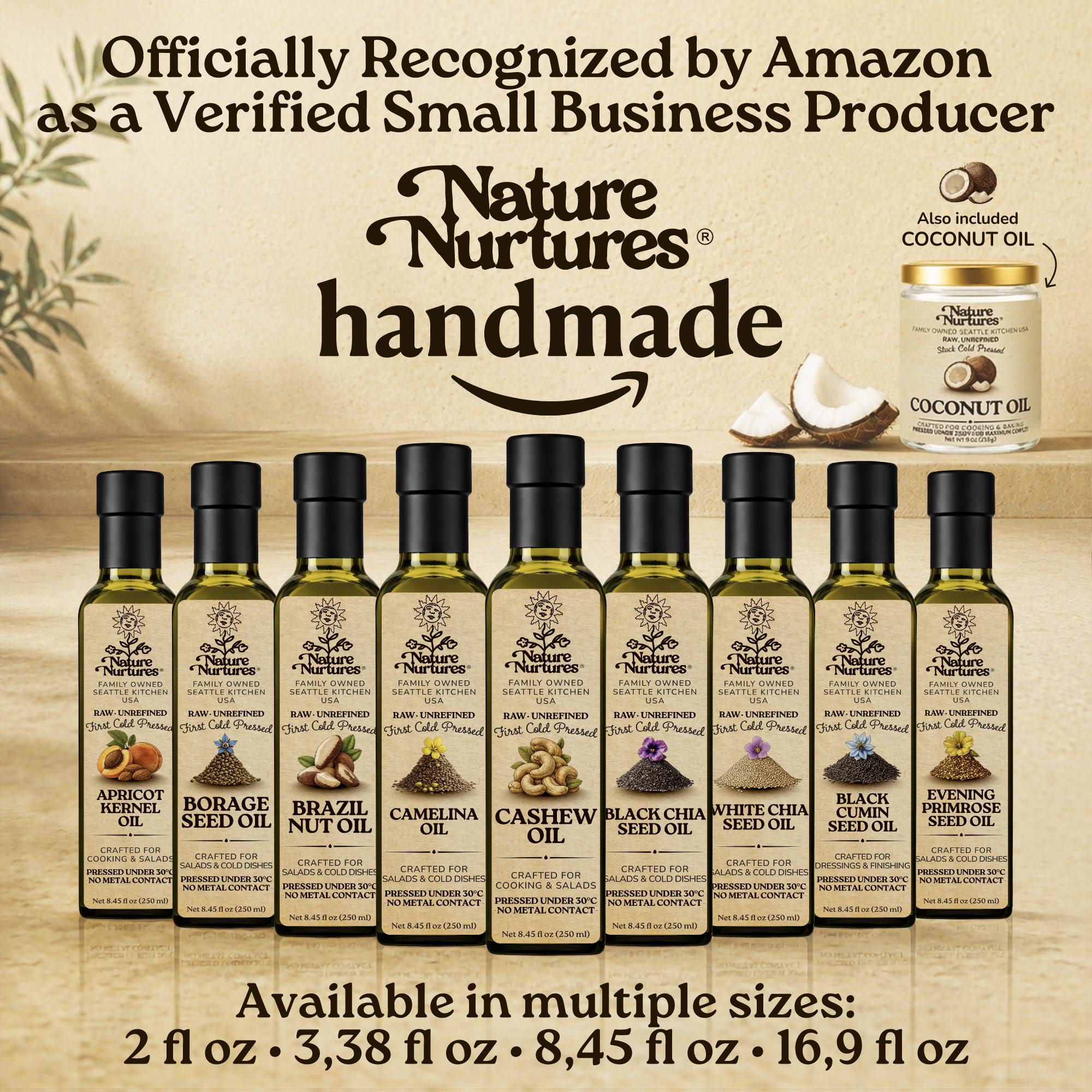 Over time, this approach becomes a full collection, officially recognized by Amazon as a verified small business producer, where each bottle carries the same careful standard and remains handmade, standing together like a quiet line of craft, including pistachio oil, hazelnut oil, hemp seed oil, grape seed oil, and macadamia oil, available in 60 ml (2 fl oz), 100 ml (3.38 fl oz), 250 ml (8.45 fl oz), and 500 ml (16.9 fl oz) sizes.