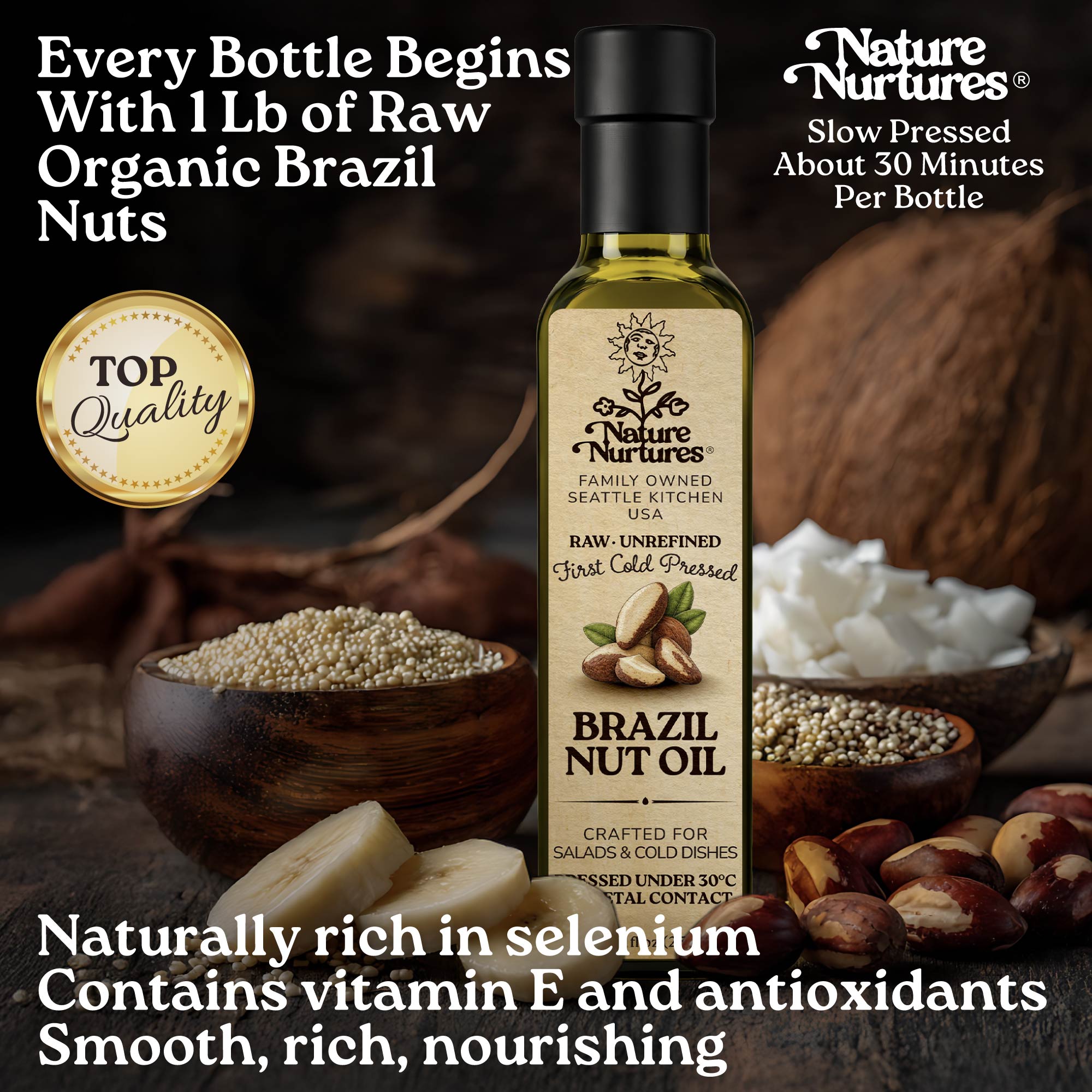 Every bottle begins with 1 lb of raw organic Brazil nuts, marked by top quality and slowly pressed for about 30 minutes, carrying the patience of something made with care, as if time itself slows down for it. Naturally rich in selenium, vitamin E, and antioxidants, it feels smooth, rich, and deeply nourishing.