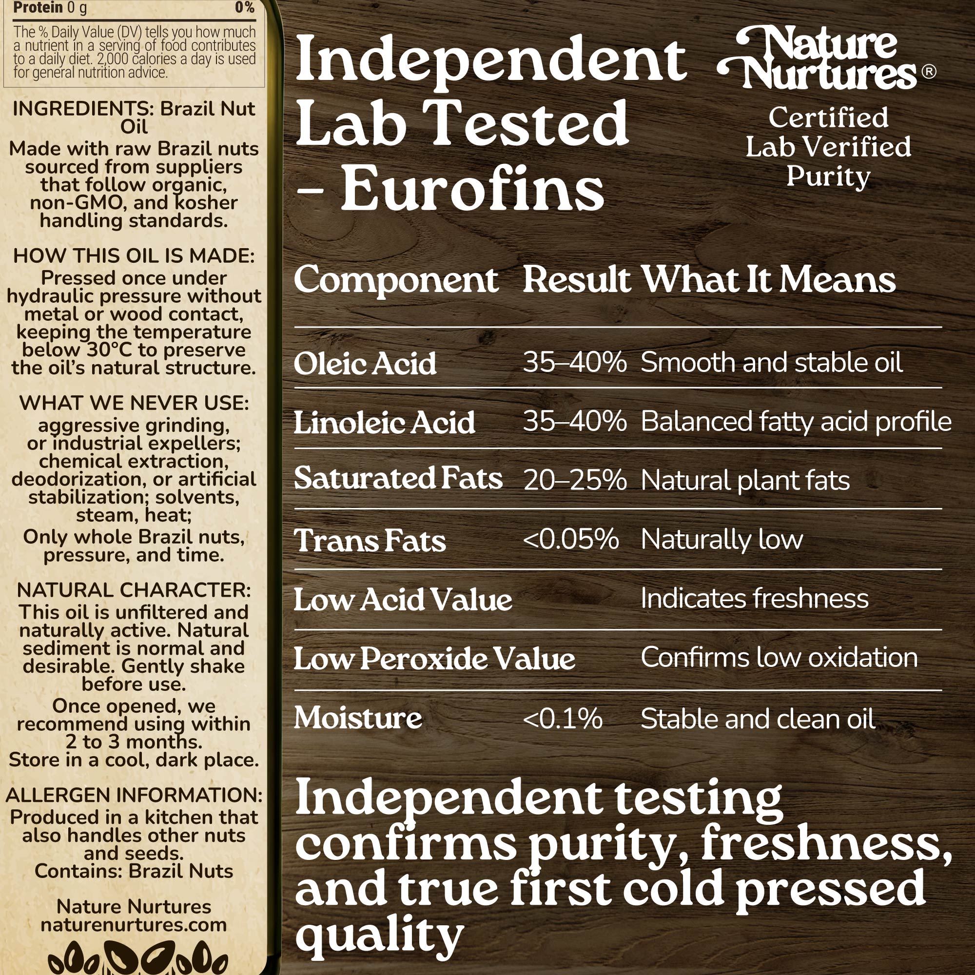 This care is confirmed through independent lab testing by Eurofins, where purity, freshness, and true first cold pressed quality are proven, not loudly, but with certainty. Pressed once below 30°C without metal or wood contact, the oil keeps its natural structure, balanced, clean, and stable, just as it was meant to be.