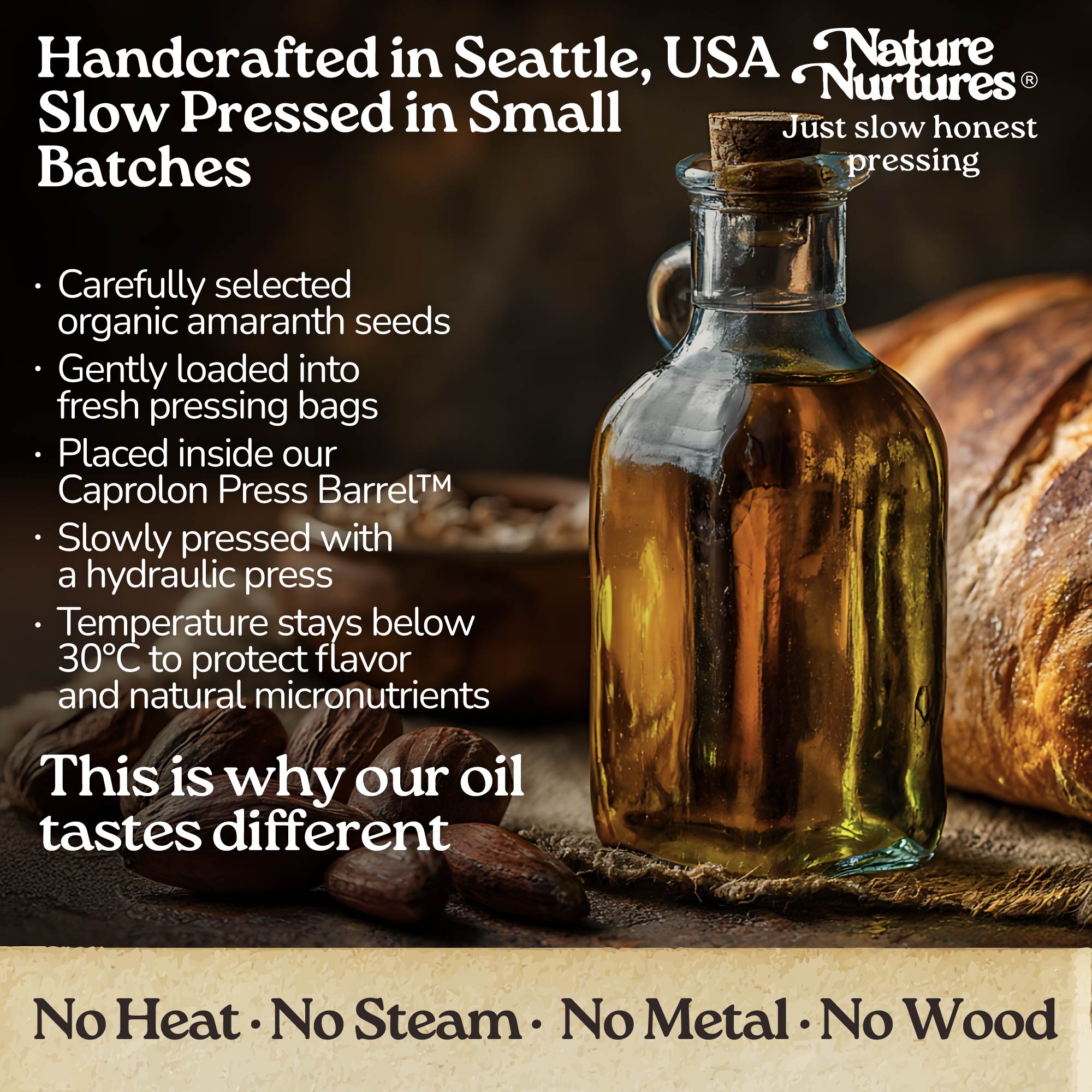 It continues in a small Seattle USA kitchen, where each batch is handcrafted and slowly pressed from carefully selected organic Brazil nuts. They are loaded into pressing bags, placed in the Caprolon Press Barrel, and pressed with a hydraulic press, where oil flows drop by drop into glass bottles. Temperature stays below 30°C to protect flavor and micronutrients. No heat, no steam, no metal, no wood, just slow, honest pressing that explains why the oil tastes different.