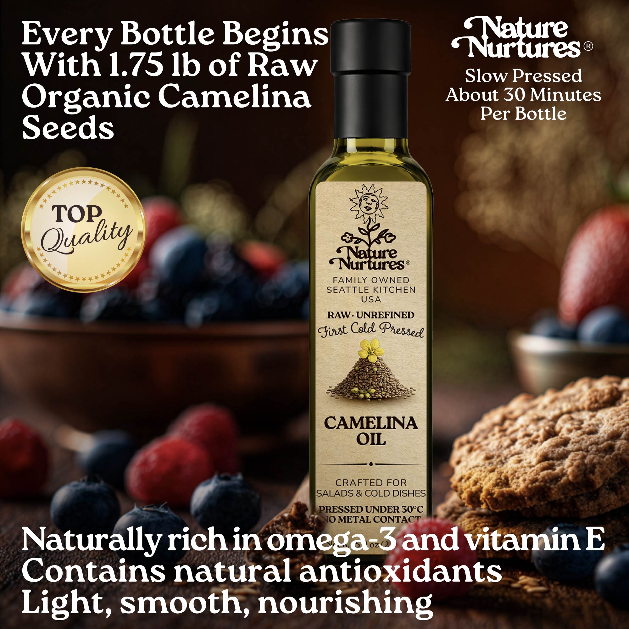 Every bottle begins with 1.75 lb of raw organic camelina seeds, marked by top quality and slowly pressed for about 30 minutes, carrying the patience of something made with care, as if time itself slows down for it. Naturally rich in omega 3 and vitamin E, with natural antioxidants, it feels light, smooth, and nourishing.