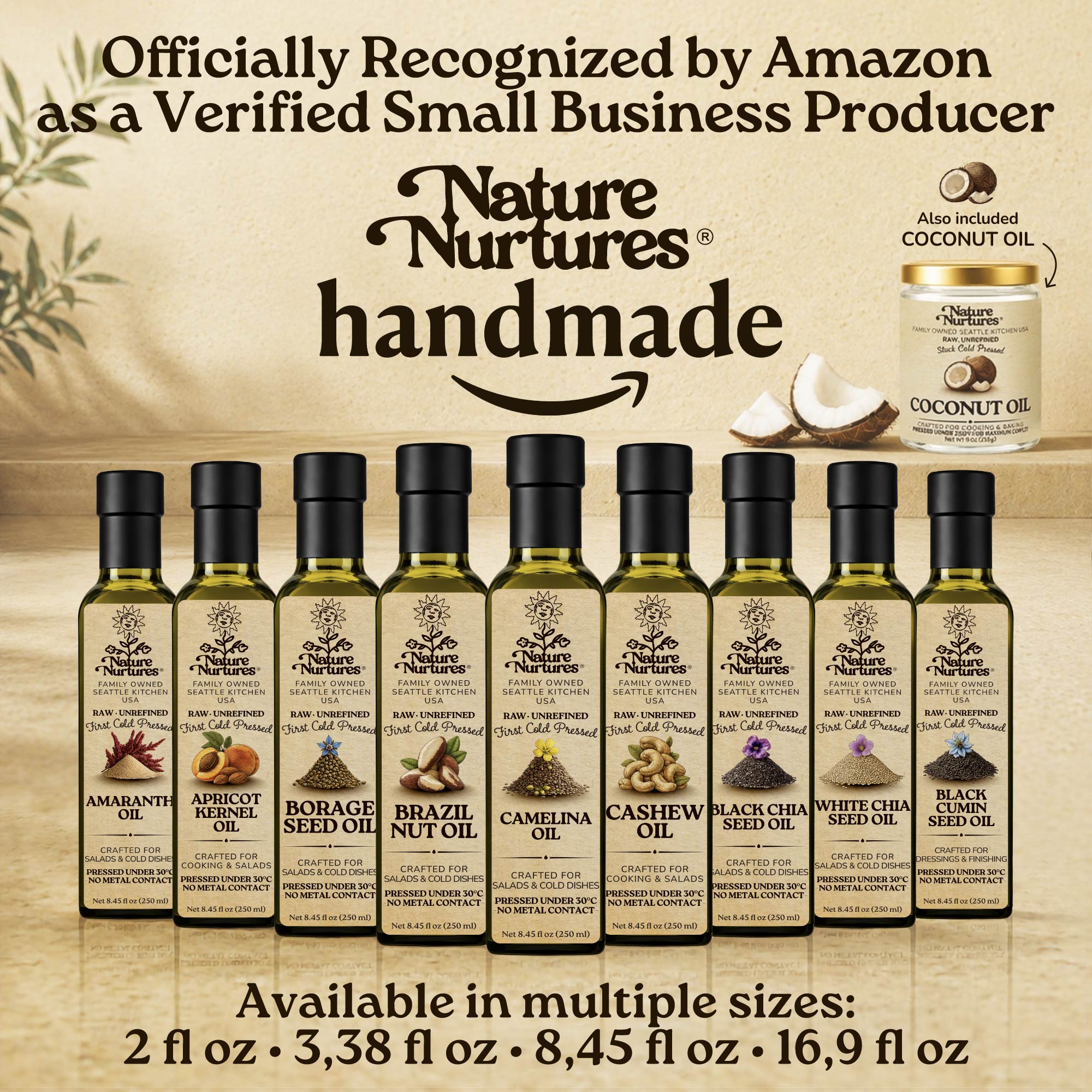 Over time, this approach becomes a full collection, officially recognized by Amazon as a verified small business producer, where each bottle carries the same careful standard and remains handmade, standing together like a quiet line of craft, including sesame oil, flaxseed oil, coconut oil, red walnut oil, and pine nut oil, available in 60 ml (2 fl oz), 100 ml (3.38 fl oz), 250 ml (8.45 fl oz), and 500 ml (16.9 fl oz) sizes.