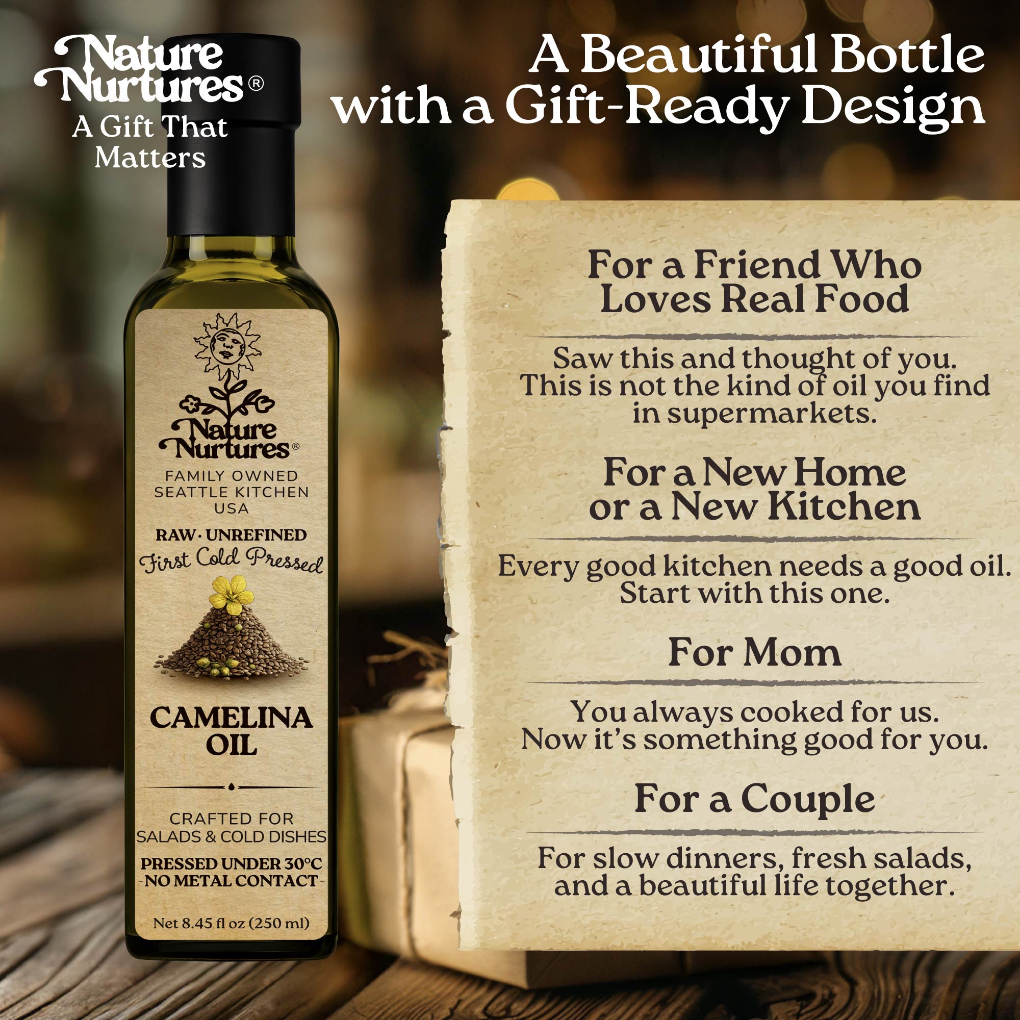 In the end, it becomes more than a bottle, it becomes something you give, like when someone brings it to a friend and says, “I thought you’d enjoy something real,” or leaves it as a housewarming gift with, “For your new kitchen,” or hands it to their mother with, “You deserve something better.” It finds its way into small, honest moments, simple meals, quiet dinners, and conversations at the table, the kind that stay with you long after everything is cleared.