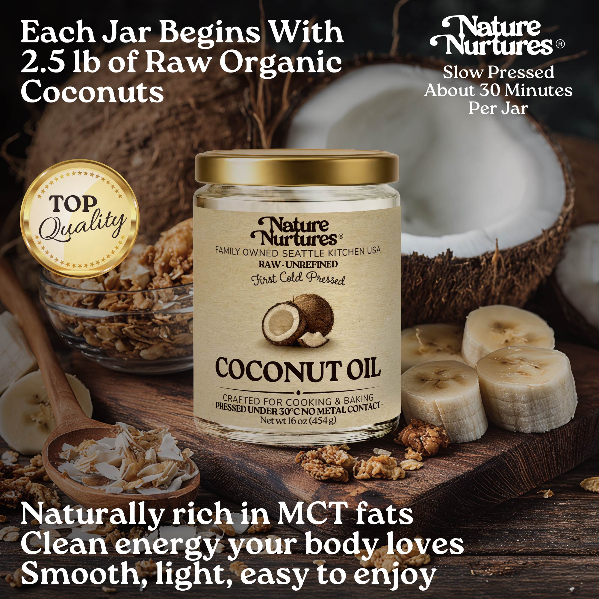 Every jar begins with 2.5 lb of raw organic coconuts, marked by top quality and slowly pressed with care, carrying the patience of something made slowly and intentionally, as if time itself softens around it. Naturally rich in healthy fats and gentle nourishment for body and skin, it feels smooth, comforting, and deeply satisfying, the kind of everyday ritual that quietly becomes part of your home.