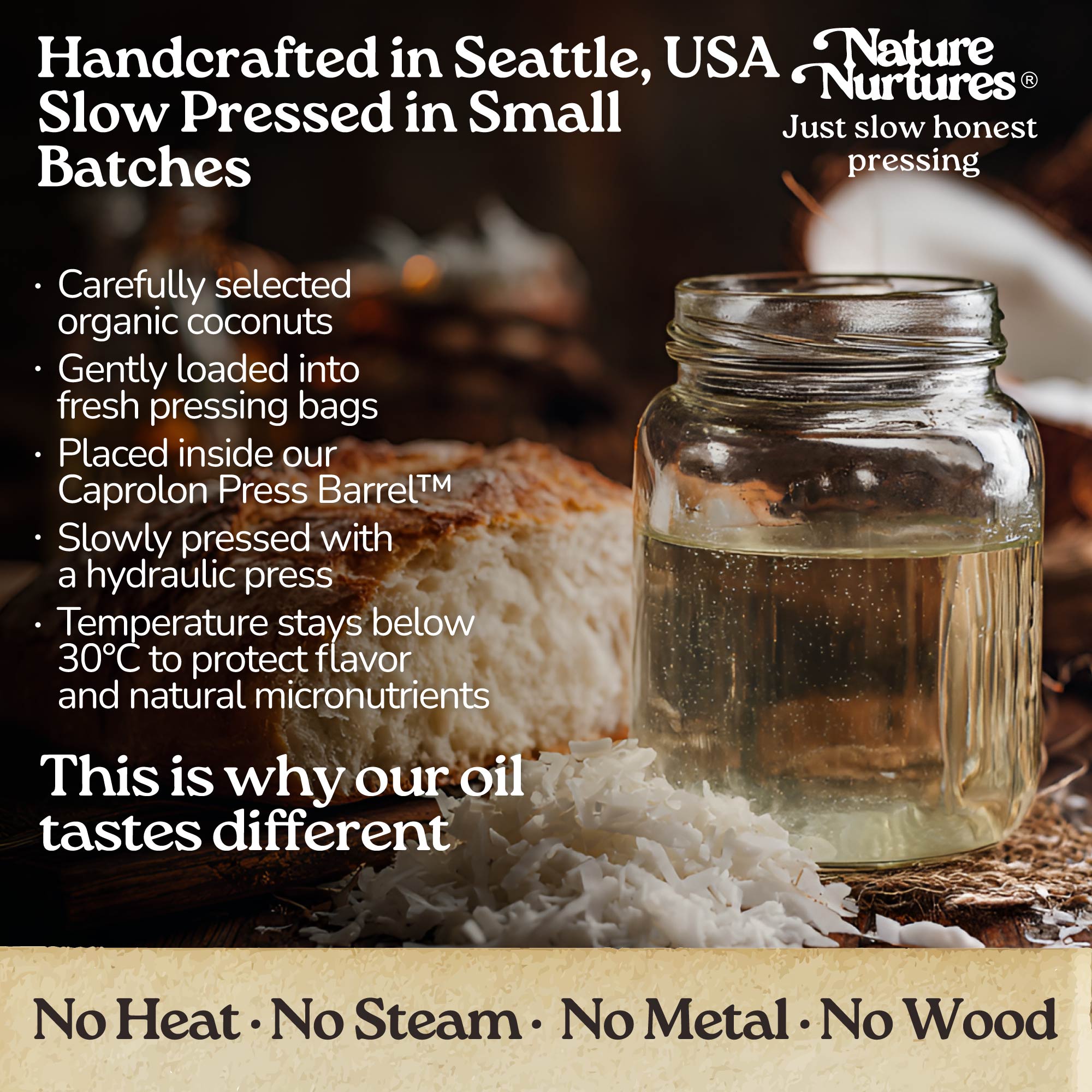 It continues in a small Seattle USA kitchen, where every batch is handcrafted and slowly pressed in small batches, starting with carefully selected organic coconuts. They are gently prepared and slowly pressed inside the Caprolon Press Barrel with a hydraulic press. The temperature stays below 30°C to protect flavor and natural micronutrients. No heat, no steam, no metal, no wood, just slow, honest pressing that explains why the coconut oil feels and tastes different.