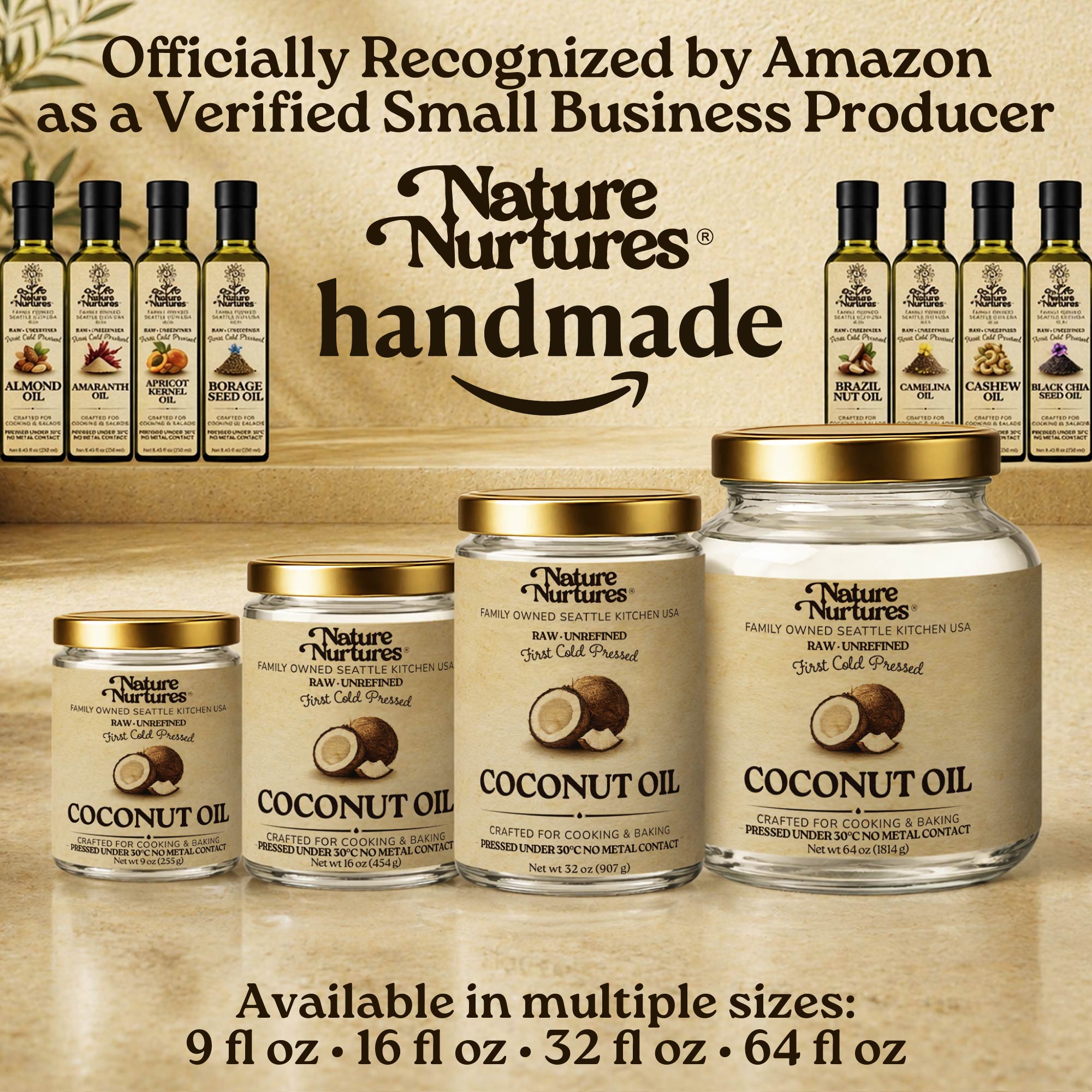 Over time, this approach becomes a full collection, officially recognized by Amazon as a verified small business producer, where every jar and bottle carries the same careful standard and remains handmade, standing together like a quiet line of craft, including coconut oil, almond oil, walnut oil, black cumin seed oil, pumpkin seed oil, sesame oil, flaxseed oil, and more. Coconut oil is available in 9, 16, 32, 64 oz sizes, while the oil collection is offered in 60, 100, 250, and 500 ml bottles.