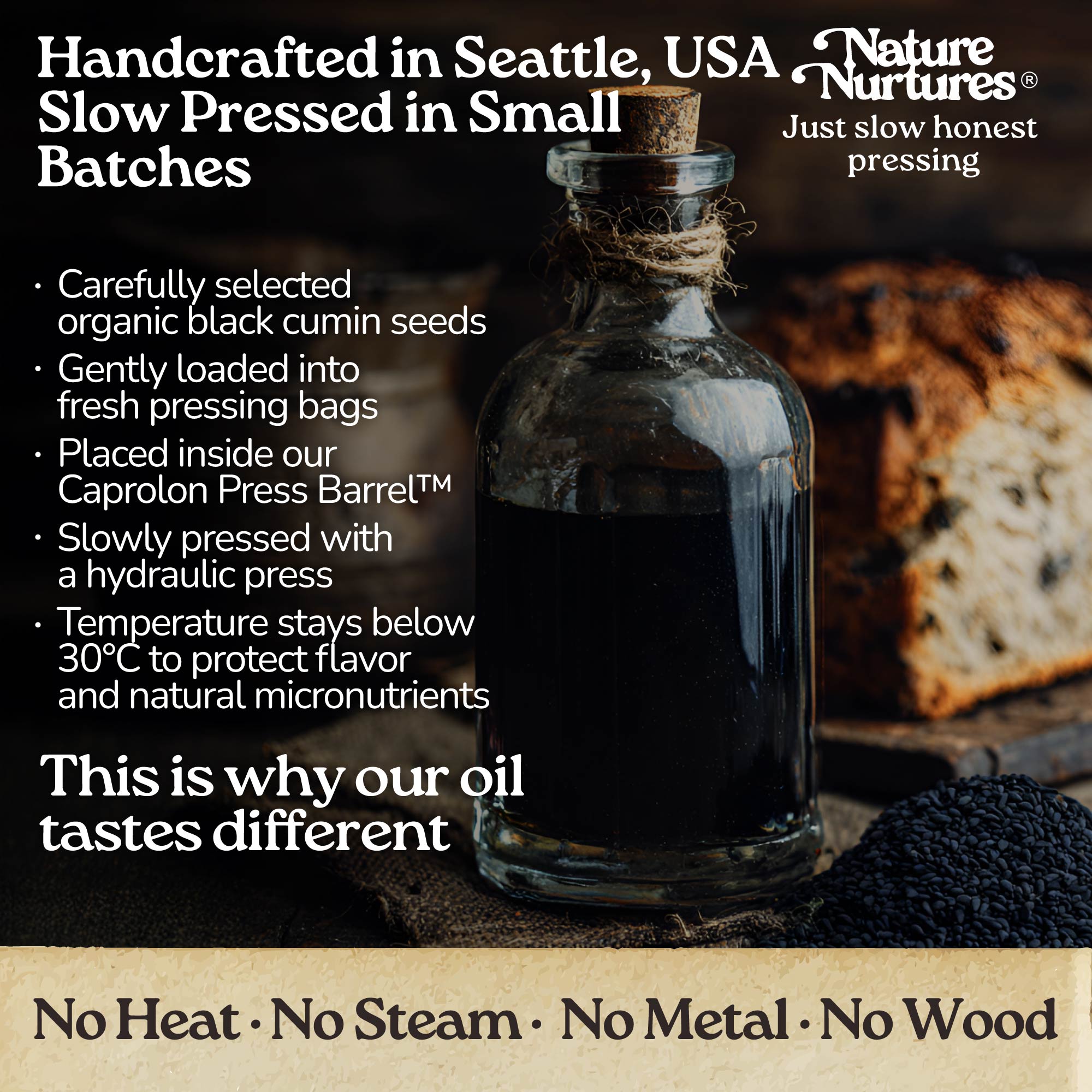 It continues in a small Seattle USA kitchen, where each batch is handcrafted and slowly pressed from carefully selected organic black cumin seeds. They are loaded into pressing bags, placed in the Caprolon Press Barrel, and pressed with a hydraulic press, where oil flows drop by drop into glass bottles. Temperature stays below 30°C to protect flavor and micronutrients. No heat, no steam, no metal, no wood, just slow, honest pressing that explains why the oil tastes different.