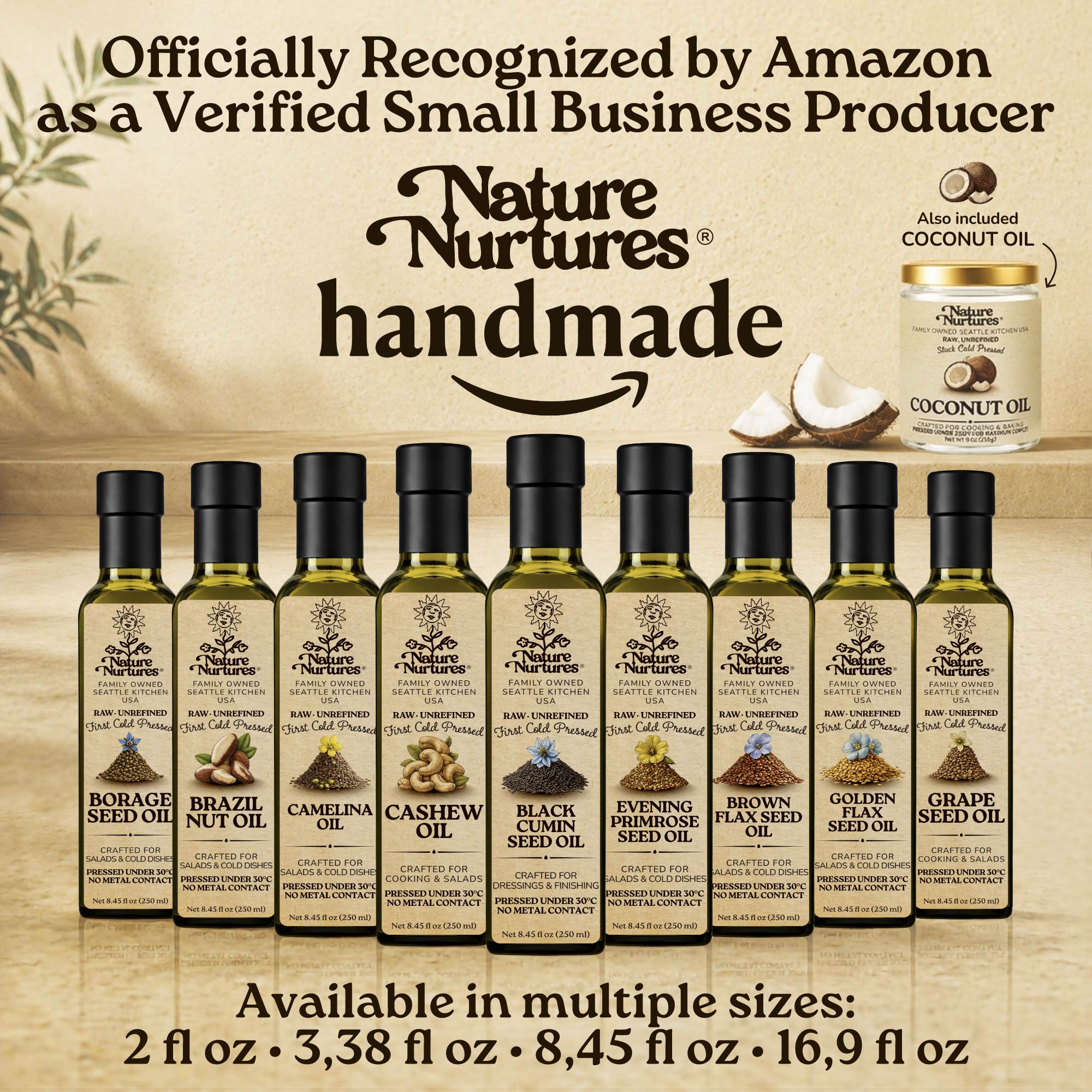Over time, this approach becomes a full collection, officially recognized by Amazon as a verified small business producer, where each bottle carries the same careful standard and remains handmade, standing together like a quiet line of craft, including brown sesame oil, sunflower seed oil, hazelnut oil, pine nut oil, and pistachio oil, available in 60 ml (2 fl oz), 100 ml (3.38 fl oz), 250 ml (8.45 fl oz), and 500 ml (16.9 fl oz) sizes.