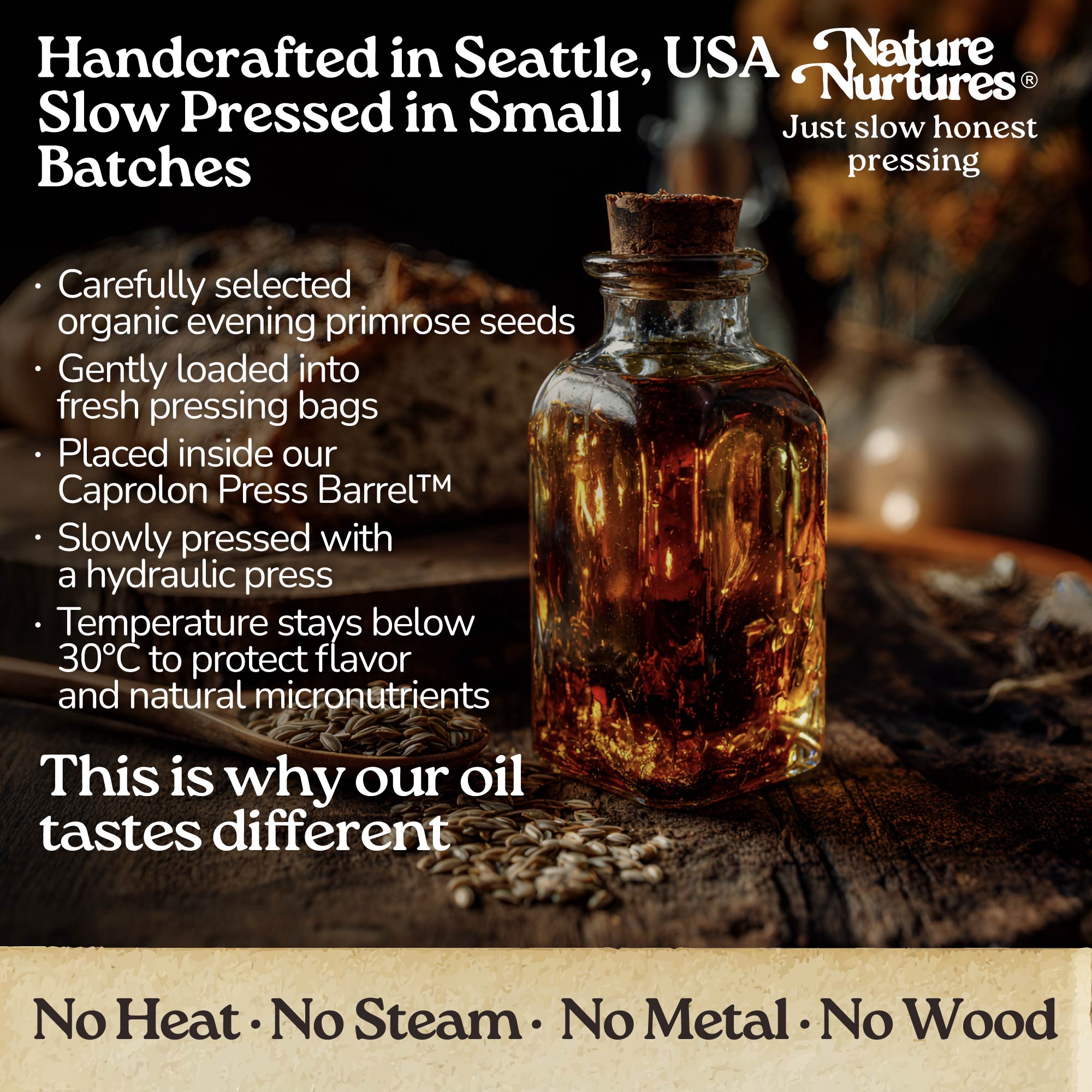 It continues in a small Seattle USA kitchen, where each batch is handcrafted and slowly pressed from carefully selected organic evening primrose seeds. They are loaded into pressing bags, placed in the Caprolon Press Barrel, and pressed with a hydraulic press, where oil flows drop by drop into glass bottles. Temperature stays below 30°C to protect flavor and micronutrients. No heat, no steam, no metal, no wood, just slow, honest pressing that explains why the oil tastes different.