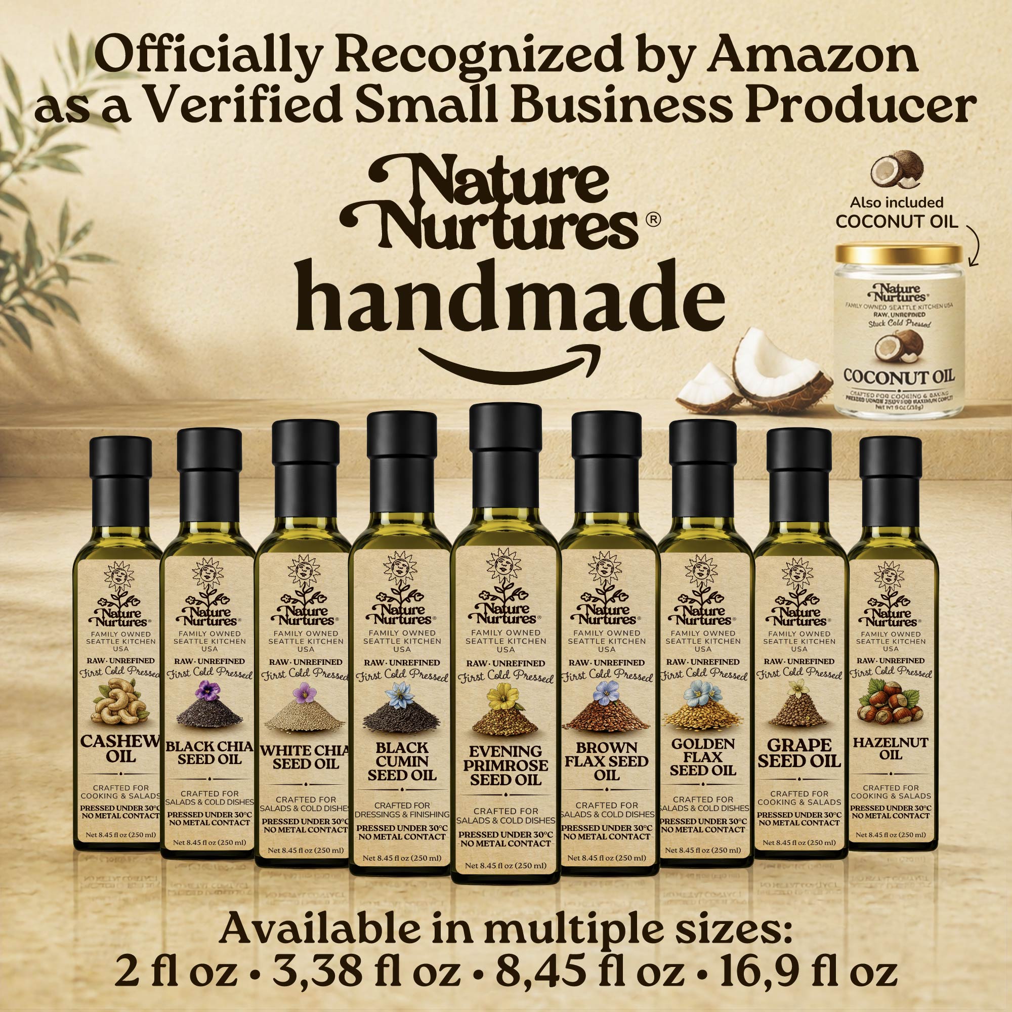 Over time, this approach becomes a full collection, officially recognized by Amazon as a verified small business producer, where each bottle carries the same careful standard and remains handmade, standing together like a quiet line of craft, including apricot kernel oil, camelina oil, borage seed oil, black cumin seed oil, and walnut oil, available in 60 ml (2 fl oz), 100 ml (3.38 fl oz), 250 ml (8.45 fl oz), and 500 ml (16.9 fl oz) sizes.