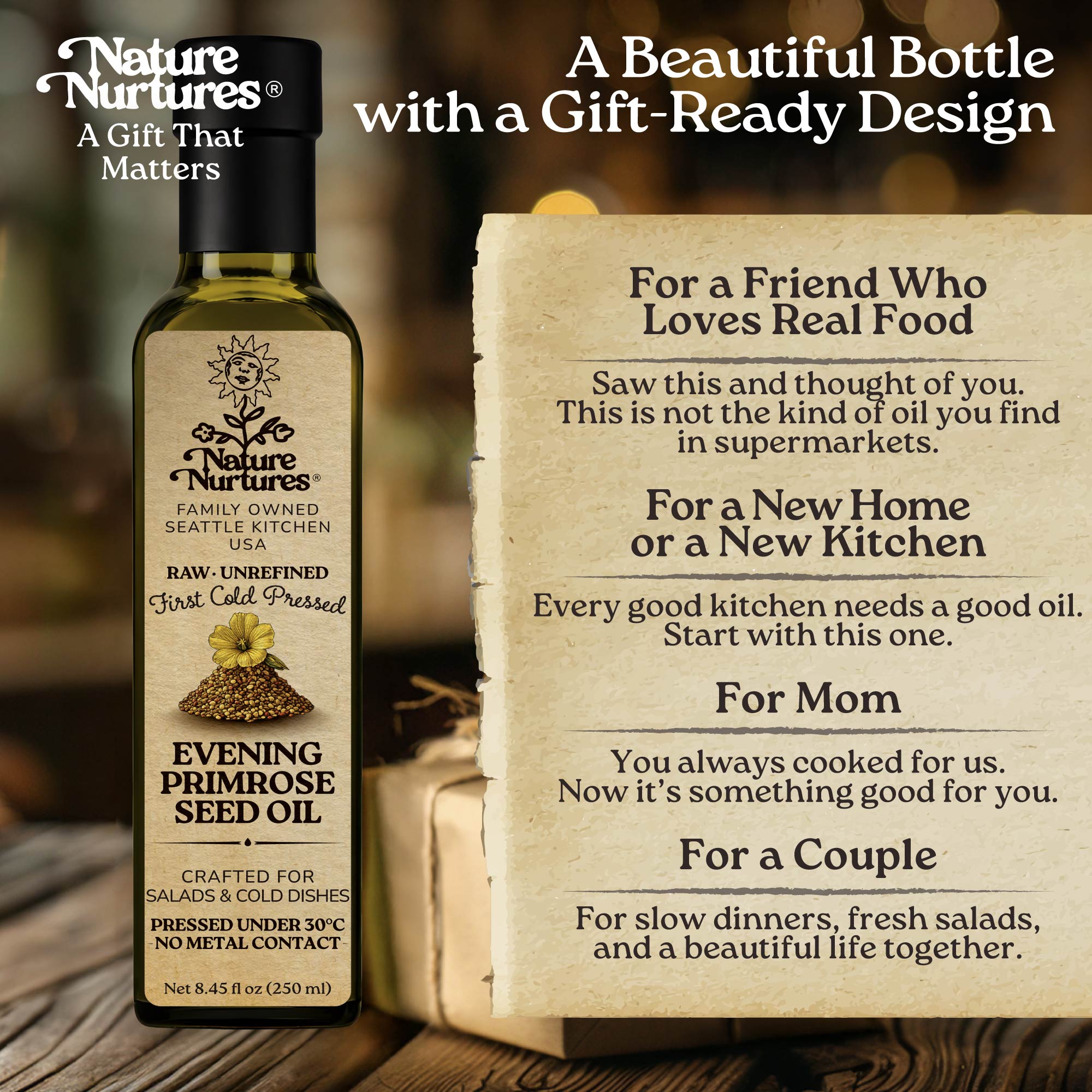 In the end, it becomes more than a bottle, it becomes something you give, like when someone says, “This is something special, use it slowly,” or brings it to a new home with, “Start your kitchen with something real,” or gifts it to someone close with, “I thought you’d appreciate this.” It becomes part of simple meals, quiet dinners, and moments that stay with you.