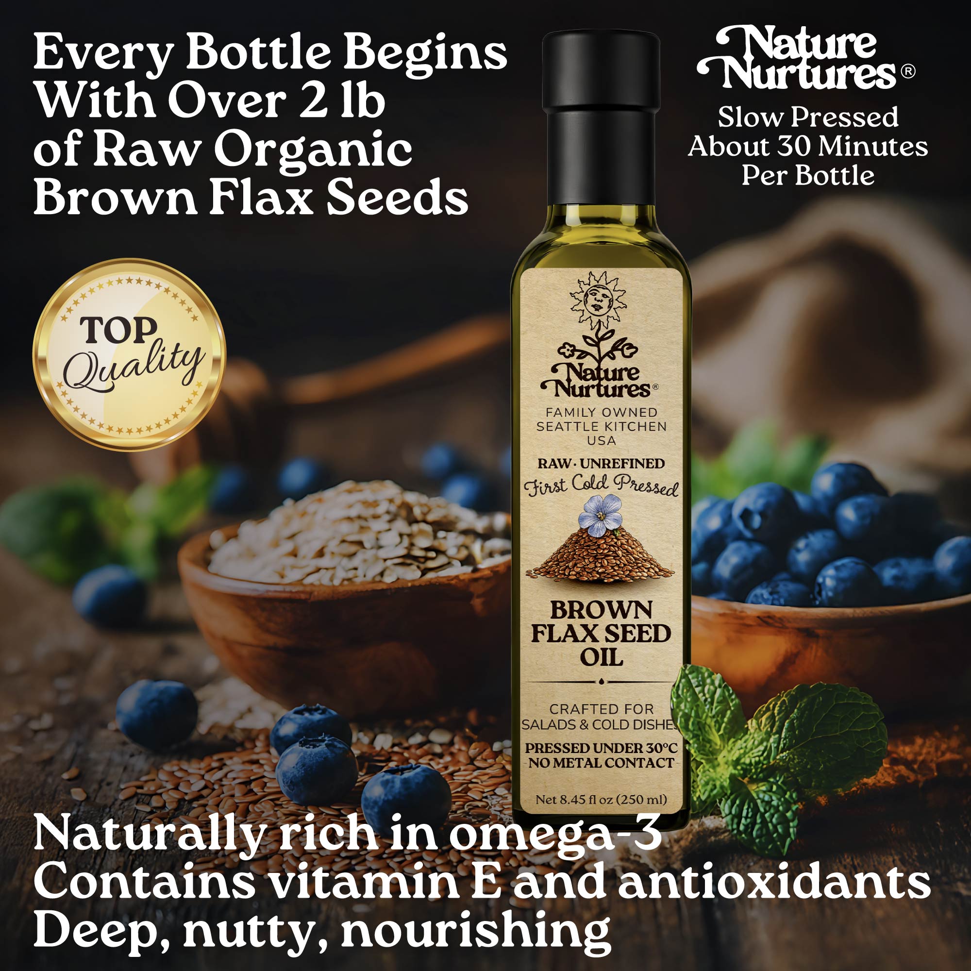 Every bottle begins with over 2 lb of raw organic brown flax seeds, marked by top quality and slowly pressed for about 30 minutes, carrying the patience of something made with care, steady and grounded. Naturally rich in omega-3, vitamin E, and antioxidants, it feels deep, nutty, and nourishing.