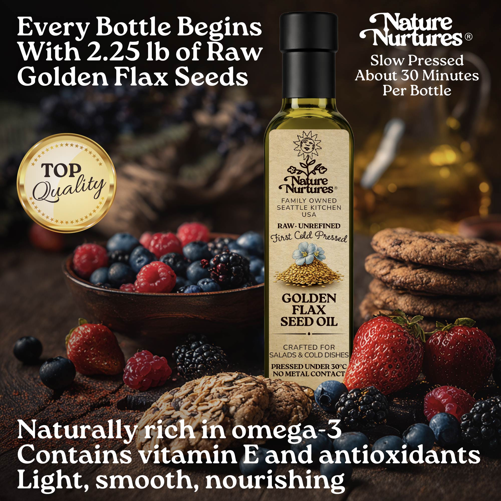 Every bottle begins with 2.25 lb of raw organic golden flax seeds, marked by top quality and slowly pressed for about 30 minutes, carrying the patience of something made with care, lighter and smoother in its nature. Naturally rich in omega-3, vitamin E, and antioxidants, it feels light, smooth, and nourishing.