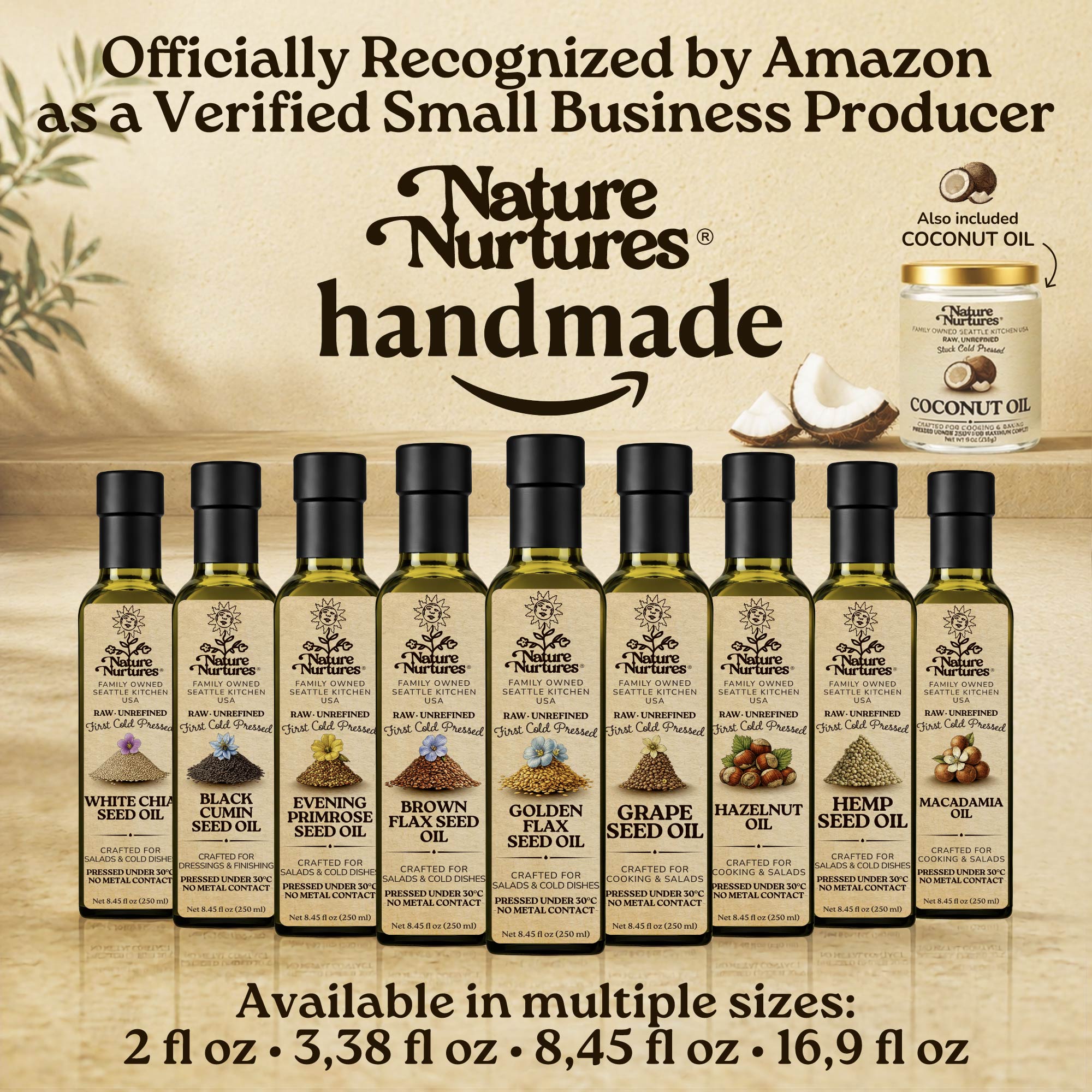 Over time, this approach becomes a full collection, officially recognized by Amazon as a verified small business producer, where each bottle carries the same careful standard and remains handmade, standing together like a quiet line of craft, including camelina oil, borage seed oil, black cumin seed oil, pumpkin seed oil, and walnut oil, available in 60 ml (2 fl oz), 100 ml (3.38 fl oz), 250 ml (8.45 fl oz), and 500 ml (16.9 fl oz) sizes.