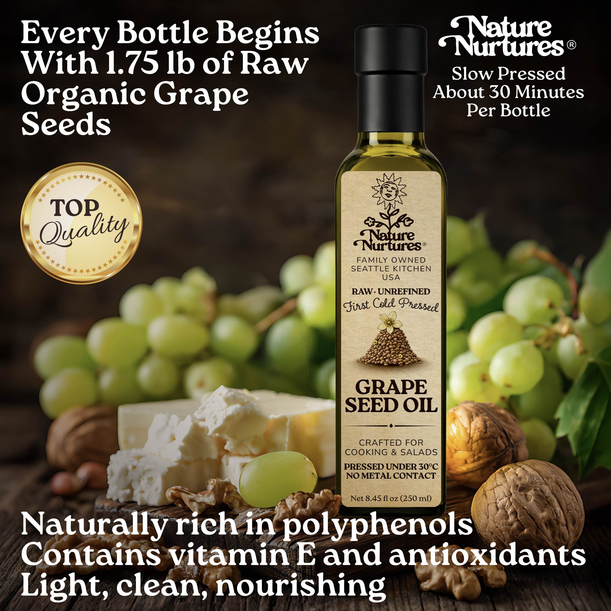Every bottle begins with 1.75 lb of raw organic grape seeds, marked by top quality and slowly pressed for about 30 minutes, carrying the patience of something made with care, clean and refined in its nature. Naturally rich in polyphenols, vitamin E, and antioxidants, it feels light, clean, and nourishing.