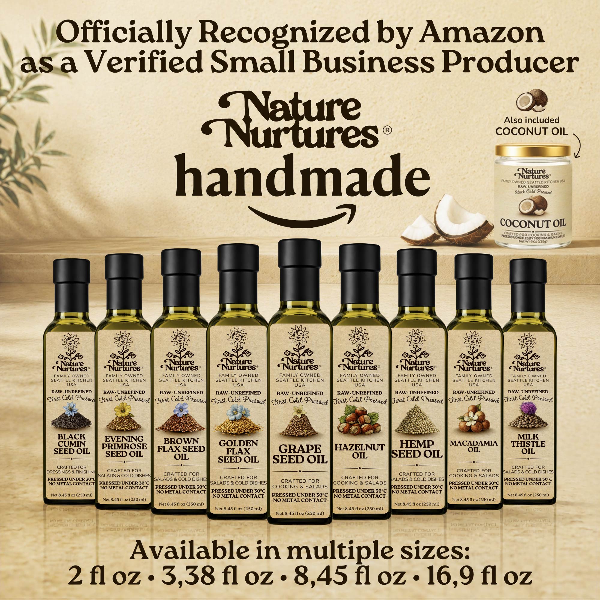 Over time, this approach becomes a full collection, officially recognized by Amazon as a verified small business producer, where each bottle carries the same careful standard and remains handmade, standing together like a quiet line of craft, including camelina oil, apricot kernel oil, borage seed oil, black cumin seed oil, and walnut oil, available in 60 ml (2 fl oz), 100 ml (3.38 fl oz), 250 ml (8.45 fl oz), and 500 ml (16.9 fl oz) sizes.