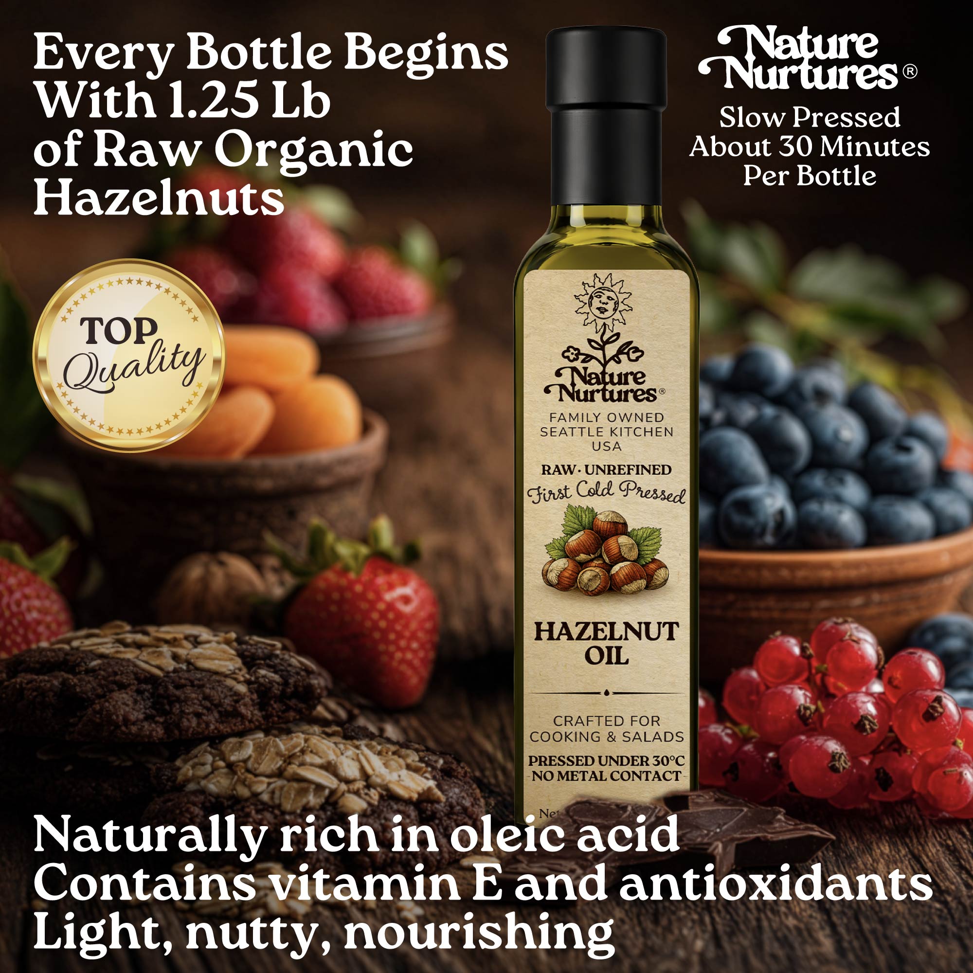 Every bottle begins with 1.25 lb of raw organic hazelnuts, marked by top quality and slowly pressed for about 30 minutes, carrying the patience of something made with care, warm and comforting in its nature. Naturally rich in oleic acid, vitamin E, and antioxidants, it feels light, nutty, and nourishing.