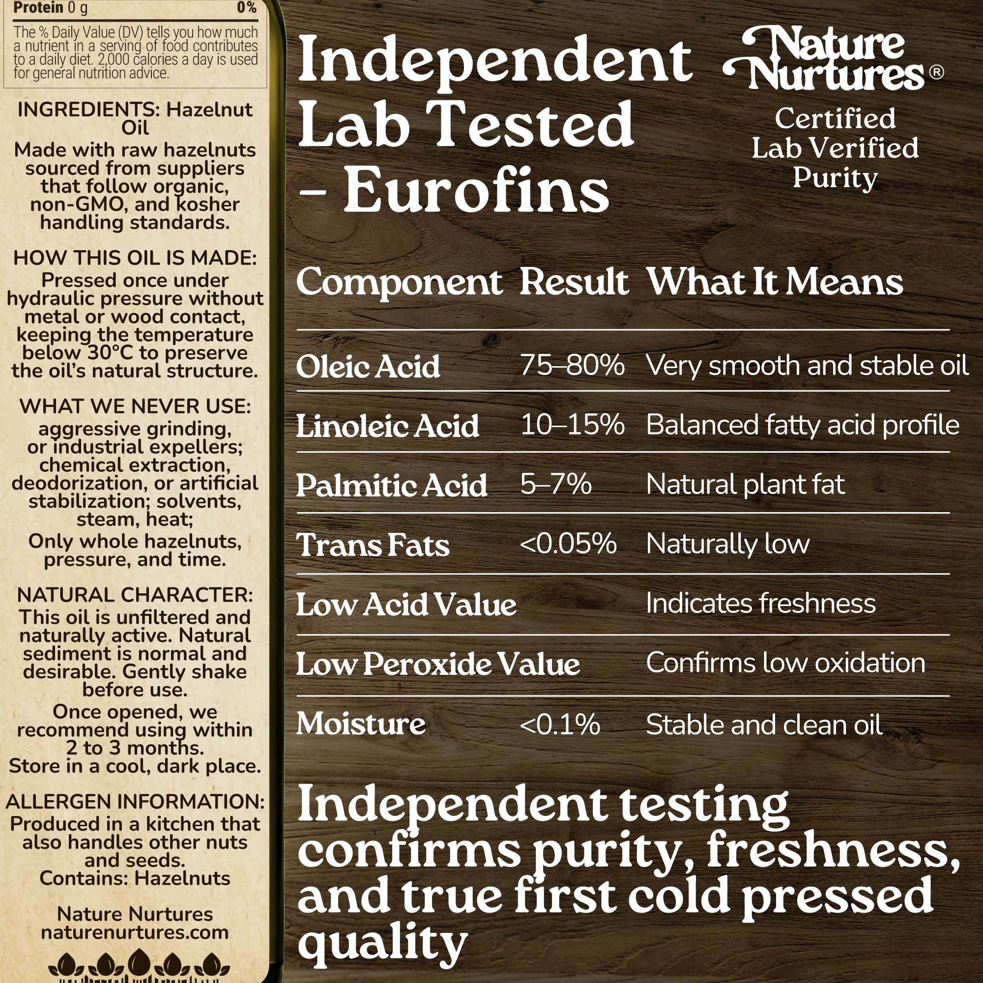 This care is confirmed through independent lab testing by Eurofins, where purity, freshness, and true first cold pressed quality are proven. Pressed once below 30°C without metal or wood contact, the oil keeps its natural structure, balanced, clean, and stable.