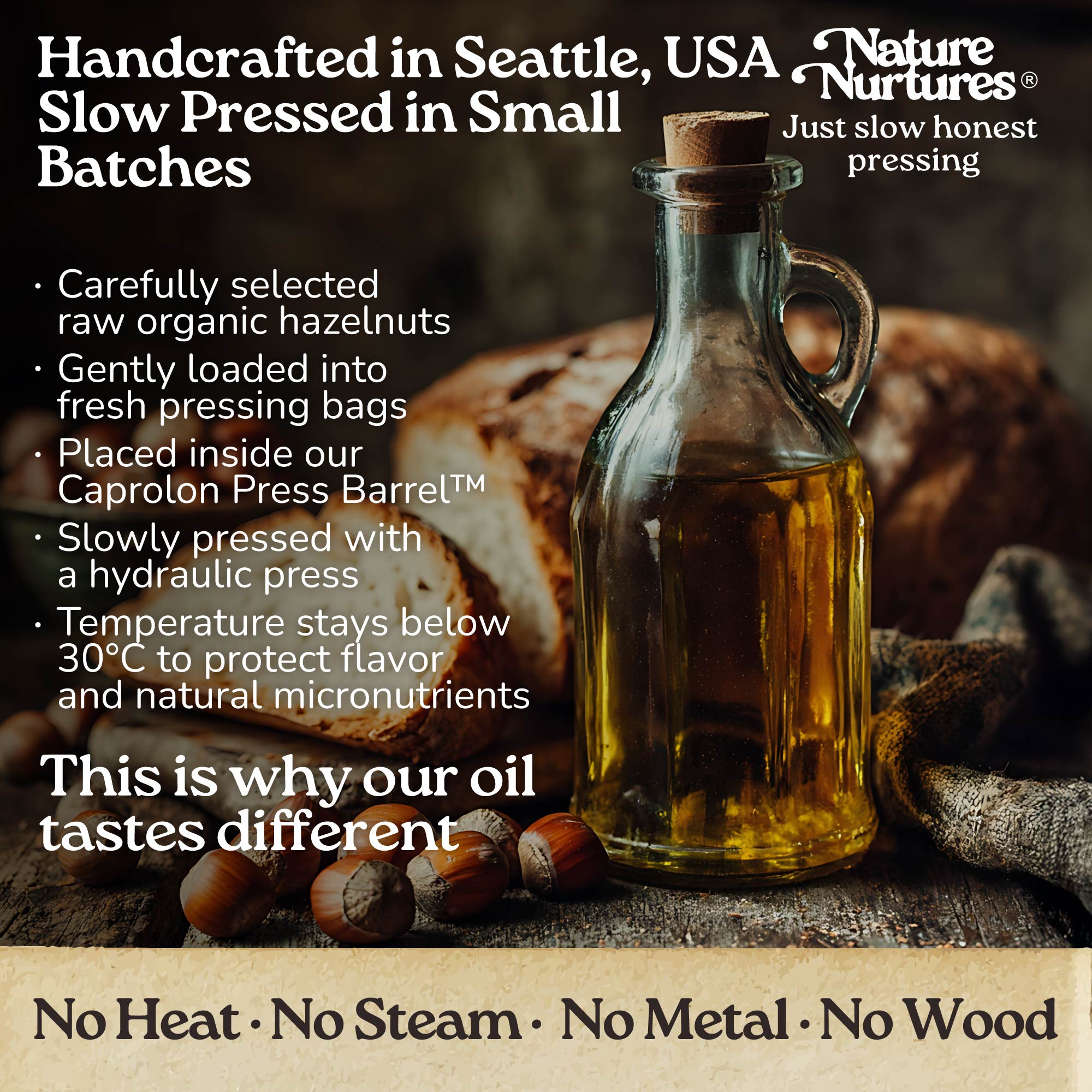 It continues in a small Seattle USA kitchen, where each batch is handcrafted and slowly pressed from carefully selected organic hazelnuts. They are loaded into pressing bags, placed in the Caprolon Press Barrel, and pressed with a hydraulic press, where oil flows drop by drop into glass bottles. Temperature stays below 30°C to protect flavor and micronutrients. No heat, no steam, no metal, no wood, just slow, honest pressing that explains why the oil tastes different.