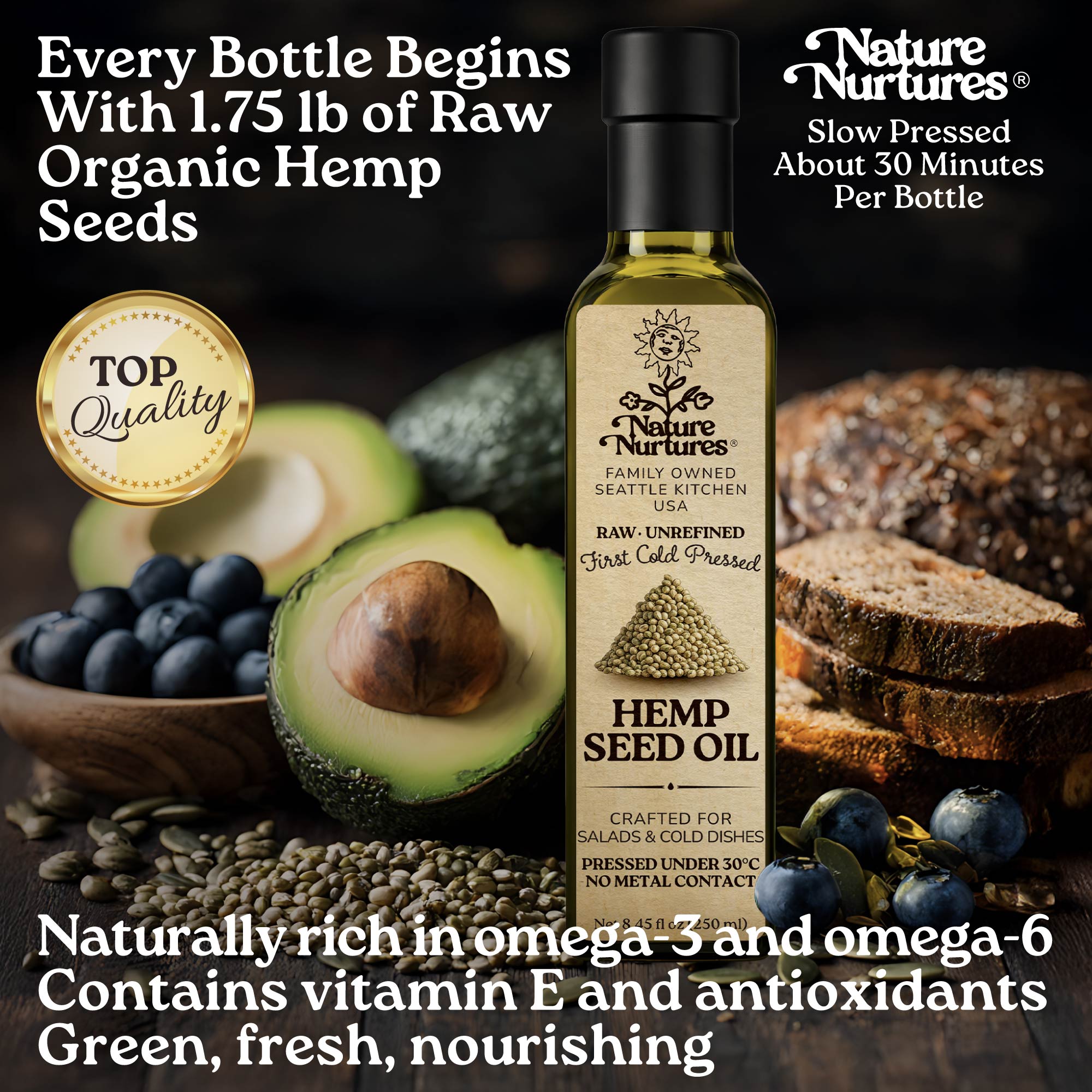 Every bottle begins with 1.75 lb of raw organic hemp seeds, marked by top quality and slowly pressed for about 30 minutes, carrying the patience of something made with care, fresh and vibrant in its nature. Naturally rich in omega-3 and omega-6, vitamin E, and antioxidants, it feels green, fresh, and nourishing.
