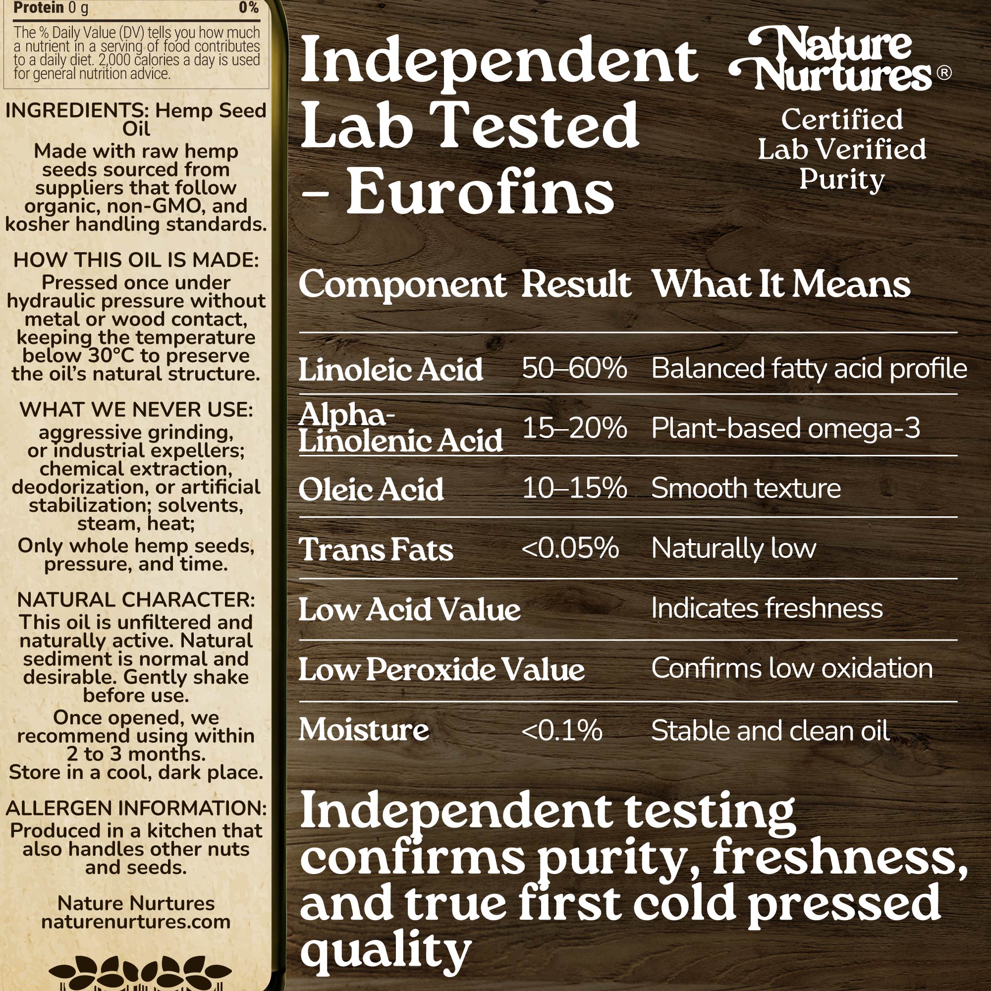 This care is confirmed through independent lab testing by Eurofins, where purity, freshness, and true first cold pressed quality are proven. Pressed once below 30°C without metal or wood contact, the oil keeps its natural structure, balanced, clean, and stable.