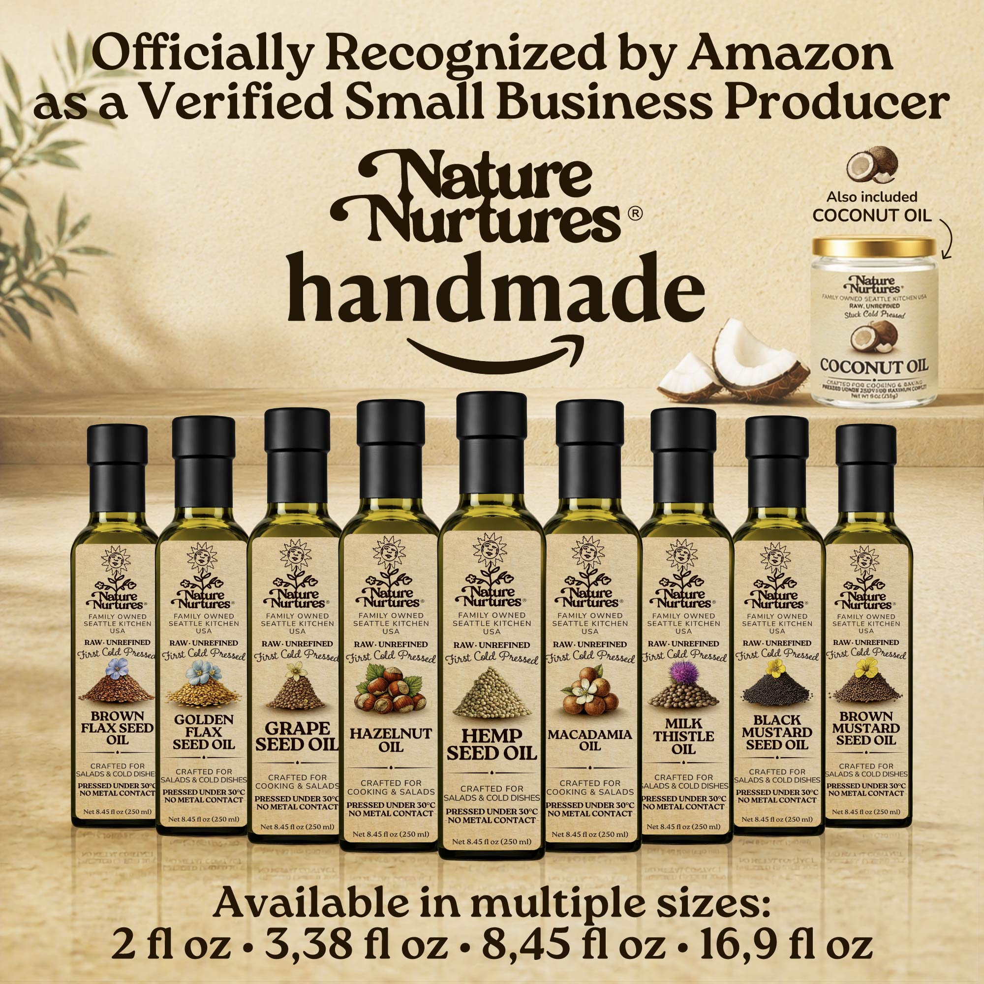 Over time, this approach becomes a full collection, officially recognized by Amazon as a verified small business producer, where each bottle carries the same careful standard and remains handmade, standing together like a quiet line of craft, including camelina oil, pumpkin seed oil, black cumin seed oil, walnut oil, and flaxseed oil, available in 60 ml (2 fl oz), 100 ml (3.38 fl oz), 250 ml (8.45 fl oz), and 500 ml (16.9 fl oz) sizes.