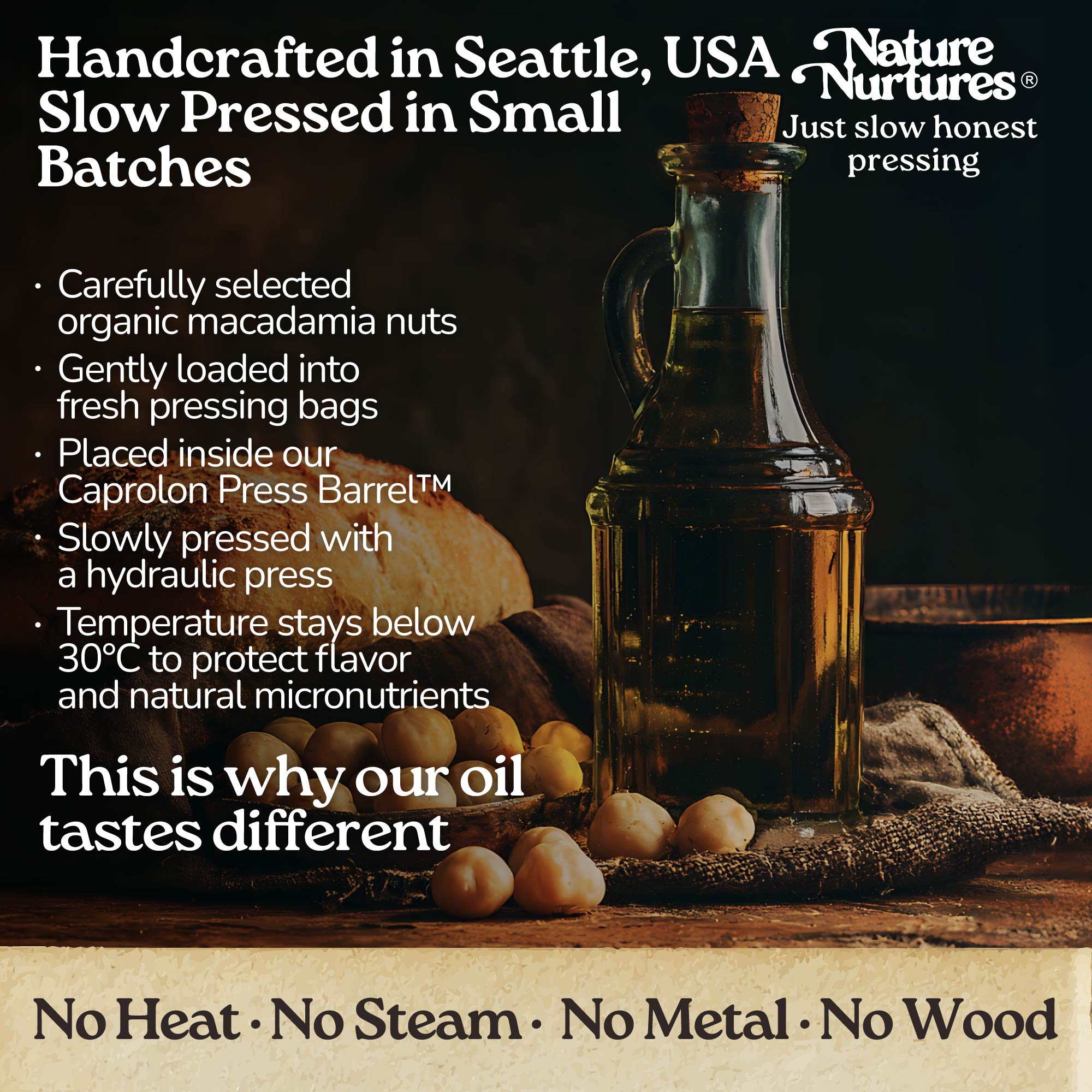 It continues in a small Seattle USA kitchen, where each batch is handcrafted and slowly pressed from carefully selected organic macadamia nuts. They are loaded into pressing bags, placed in the Caprolon Press Barrel, and pressed with a hydraulic press, where oil flows drop by drop into glass bottles. Temperature stays below 30°C to protect flavor and micronutrients. No heat, no steam, no metal, no wood, just slow, honest pressing that explains why the oil tastes different.
