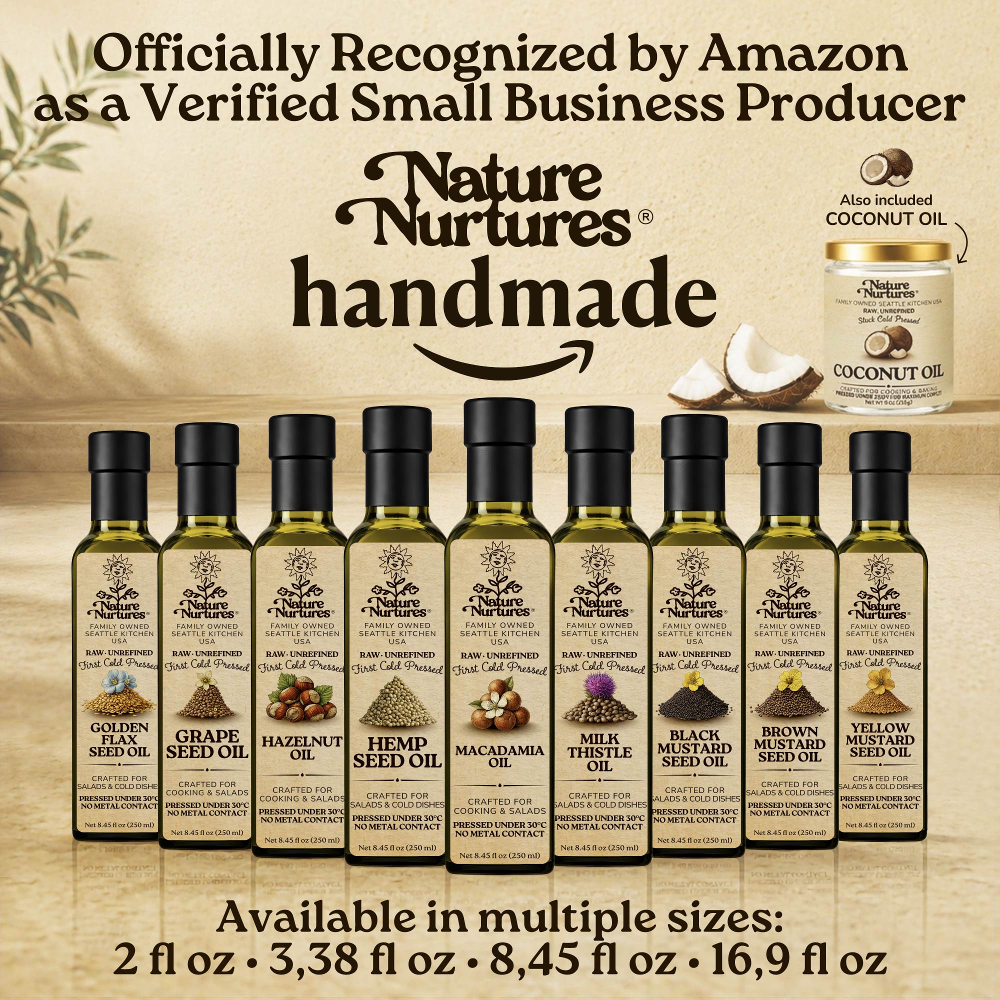 Over time, this approach becomes a full collection, officially recognized by Amazon as a verified small business producer, where each bottle carries the same careful standard and remains handmade, standing together like a quiet line of craft, including macadamia oil, almond oil, walnut oil, pumpkin seed oil, and flaxseed oil, available in 60 ml (2 fl oz), 100 ml (3.38 fl oz), 250 ml (8.45 fl oz), and 500 ml (16.9 fl oz) sizes.