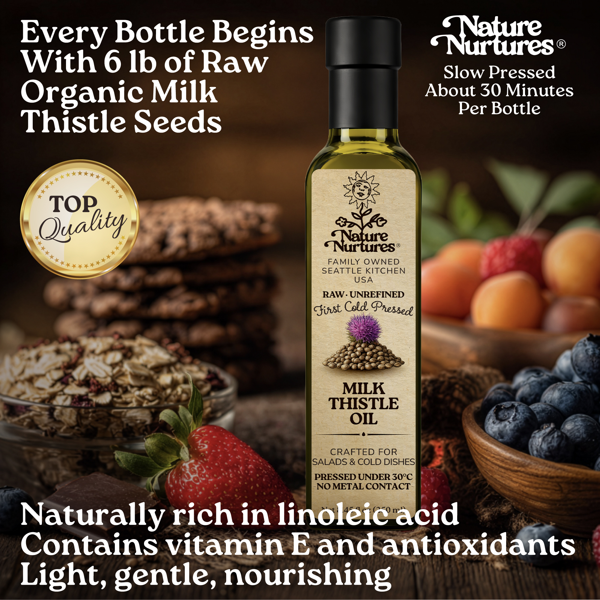 Every bottle begins with 6 lb of raw organic milk thistle seeds, marked by top quality and slowly pressed for about 30 minutes, carrying the patience of something made with care, light in texture and naturally balanced. Naturally rich in linoleic acid, vitamin E, and antioxidants, it feels light, gentle, and quietly nourishing.