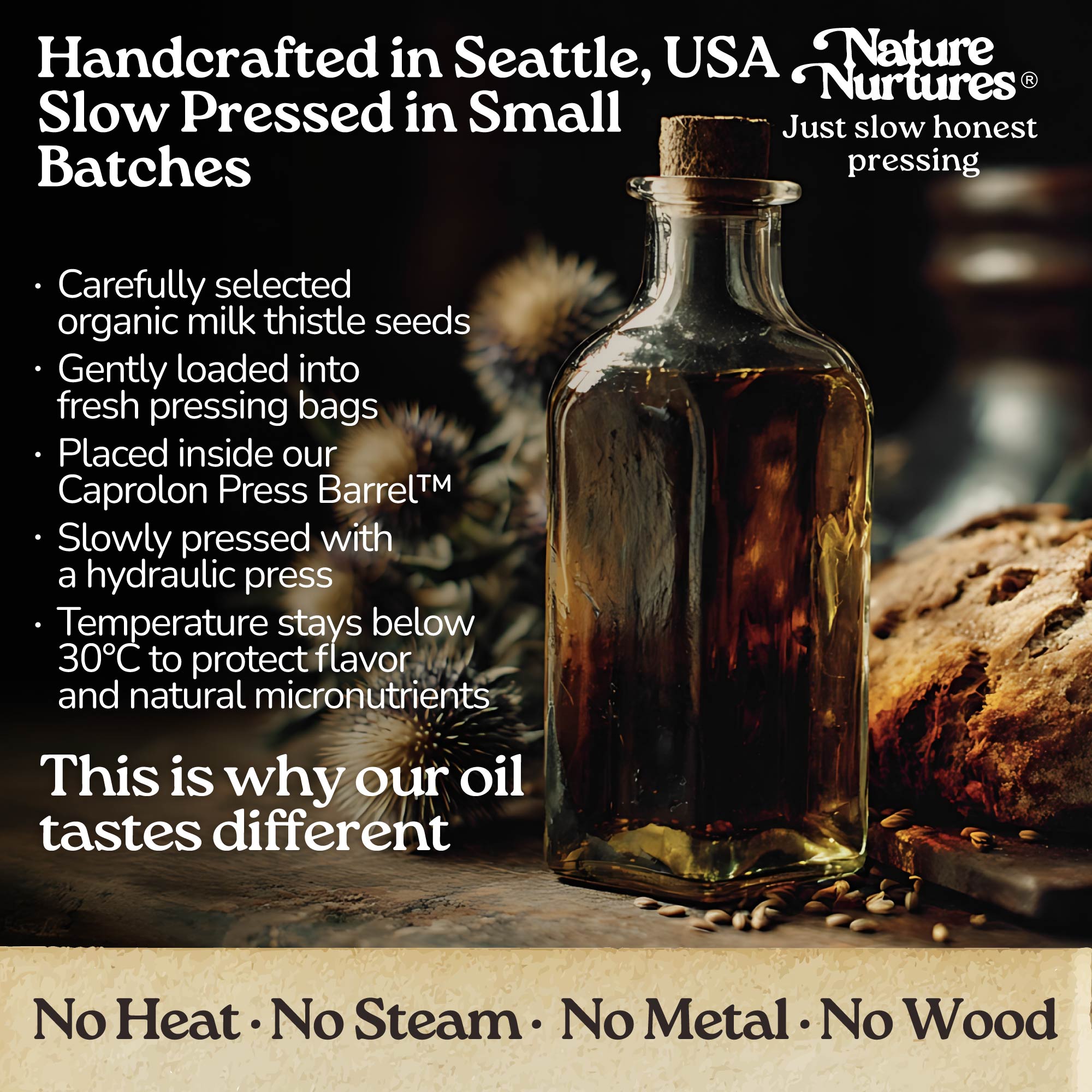 It continues in a small Seattle USA kitchen, where each batch is handcrafted and slowly pressed from carefully selected organic milk thistle seeds. They are loaded into pressing bags, placed in the Caprolon Press Barrel, and pressed with a hydraulic press, where oil flows drop by drop into glass bottles. Temperature stays below 30°C to protect flavor and micronutrients. No heat, no steam, no metal, no wood, just slow, honest pressing that explains why the oil tastes different.
