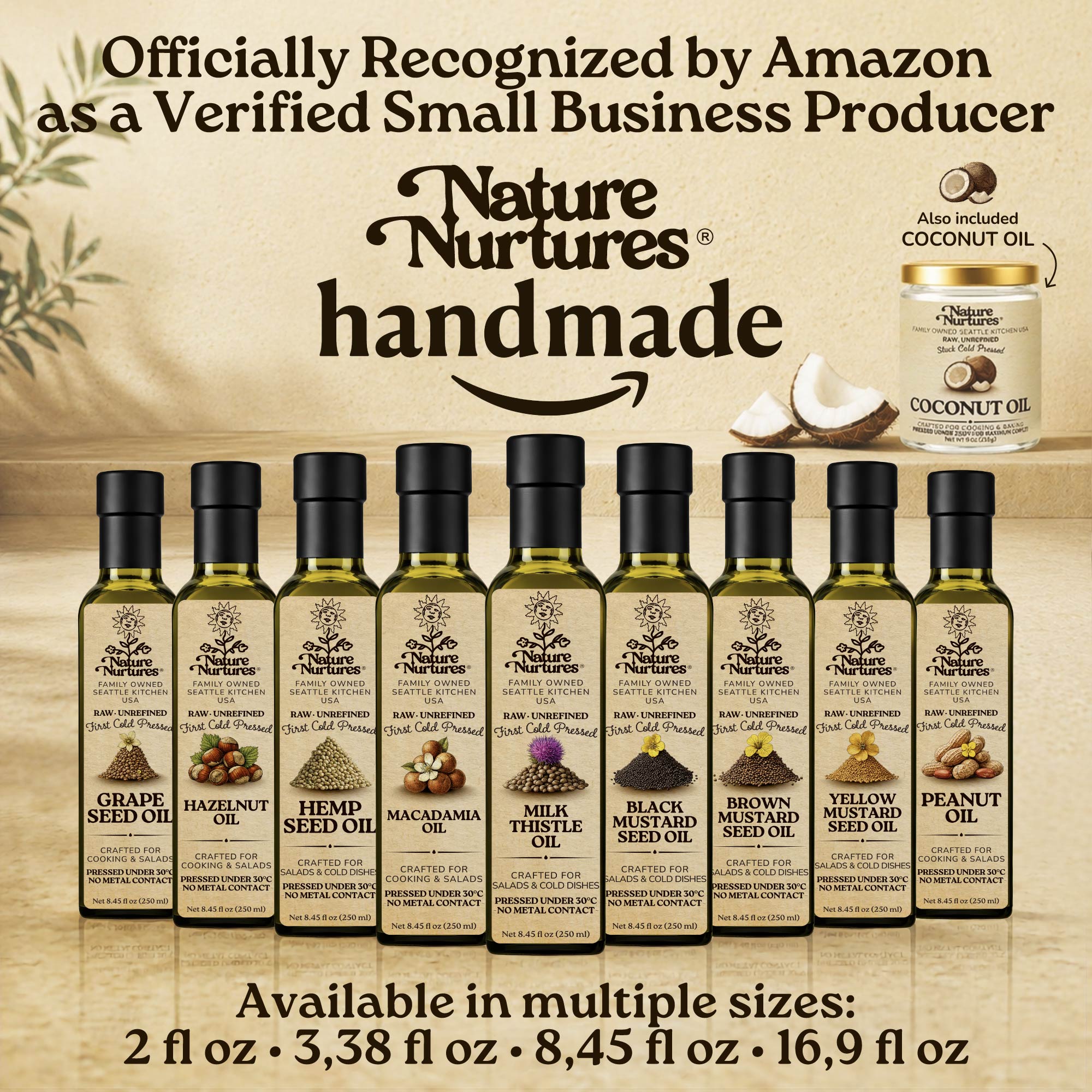 Over time, this approach becomes a full collection, officially recognized by Amazon as a verified small business producer, where each bottle carries the same careful standard and remains handmade, standing together like a quiet line of craft, including milk thistle oil, almond oil, walnut oil, pumpkin seed oil, and flaxseed oil, available in 60 ml (2 fl oz), 100 ml (3.38 fl oz), 250 ml (8.45 fl oz), and 500 ml (16.9 fl oz) sizes.