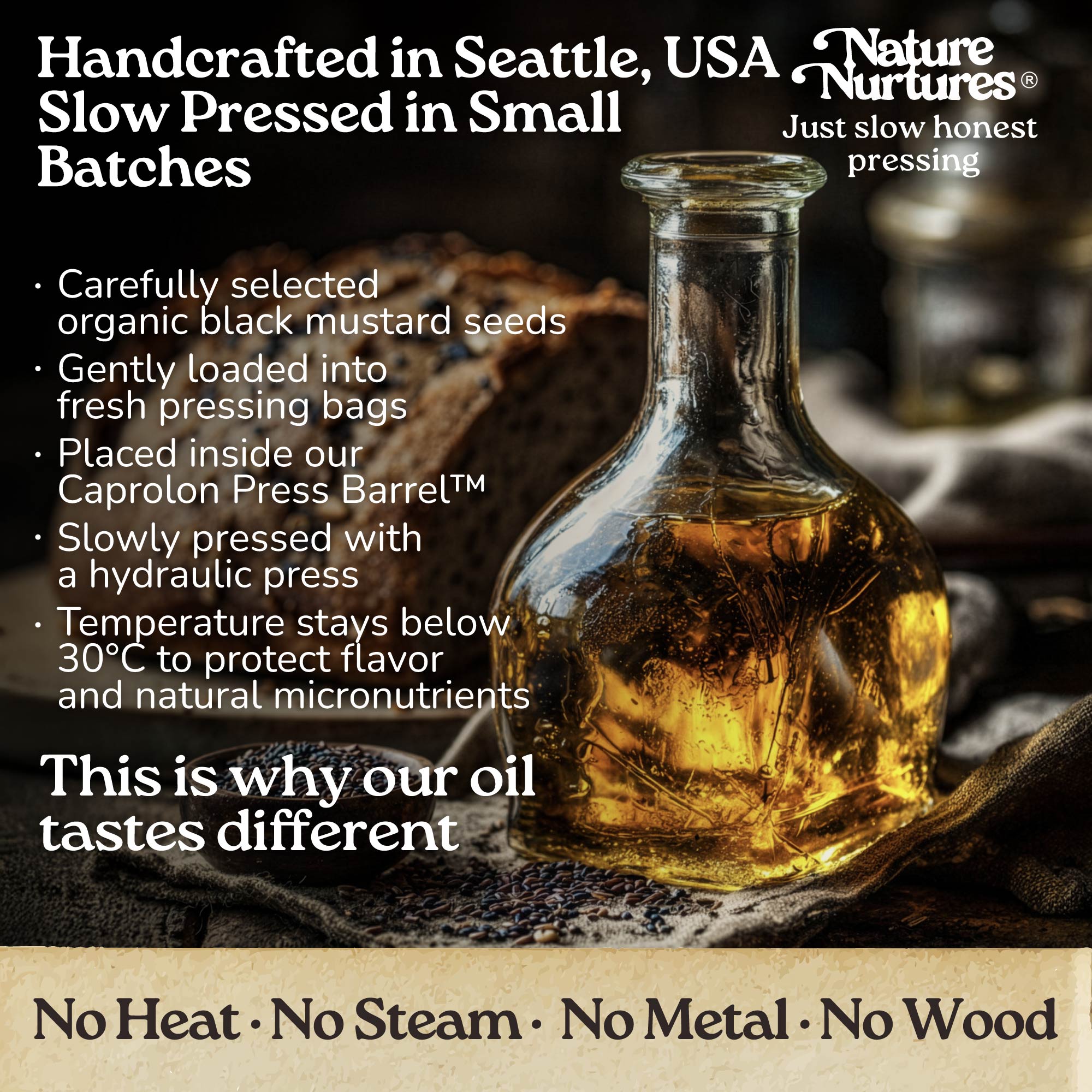 It continues in a small Seattle USA kitchen, where each batch is handcrafted and slowly pressed from carefully selected black mustard seeds. They are loaded into pressing bags, placed in the Caprolon Press Barrel, and pressed with a hydraulic press, where oil flows drop by drop into glass bottles. Temperature stays below 30°C to protect flavor and micronutrients. No heat, no steam, no metal, no wood, just slow, honest pressing that explains why the oil tastes different.
