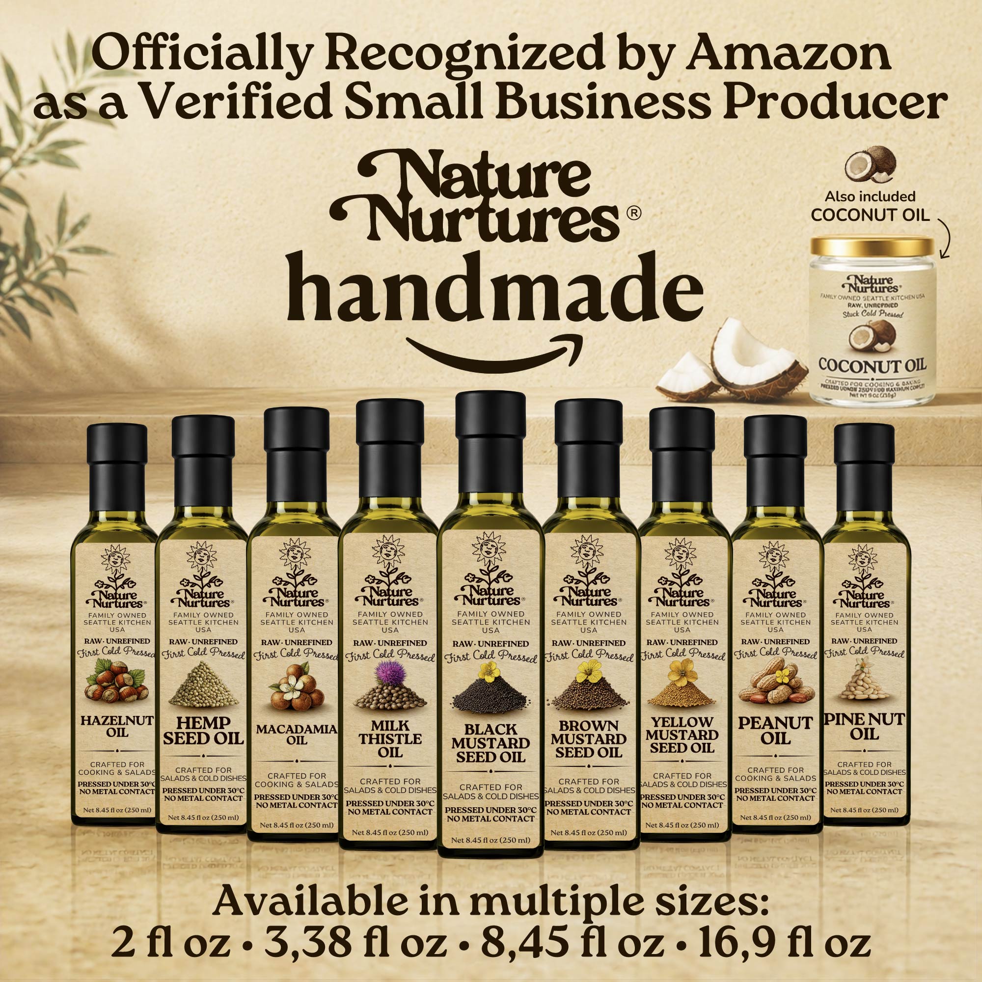 Over time, this approach becomes a full collection, officially recognized by Amazon as a verified small business producer, where each bottle carries the same careful standard and remains handmade, standing together like a quiet line of craft, including black mustard seed oil, black cumin seed oil, sesame oil, pumpkin seed oil, and flaxseed oil, available in 60 ml (2 fl oz), 100 ml (3.38 fl oz), 250 ml (8.45 fl oz), and 500 ml (16.9 fl oz) sizes.