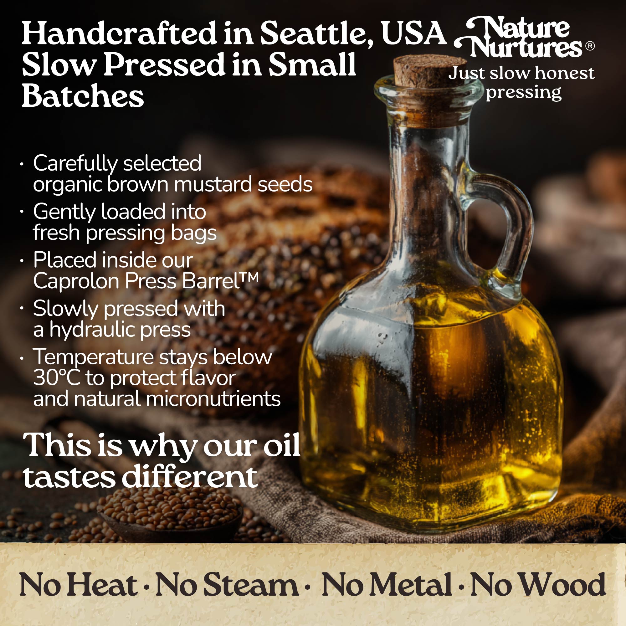 It continues in a small Seattle USA kitchen, where each batch is handcrafted and slowly pressed from carefully selected brown mustard seeds. They are loaded into pressing bags, placed in the Caprolon Press Barrel, and pressed with a hydraulic press, where oil flows drop by drop into glass bottles. Temperature stays below 30°C to protect flavor and micronutrients. No heat, no steam, no metal, no wood, just slow, honest pressing that explains why the oil tastes different.