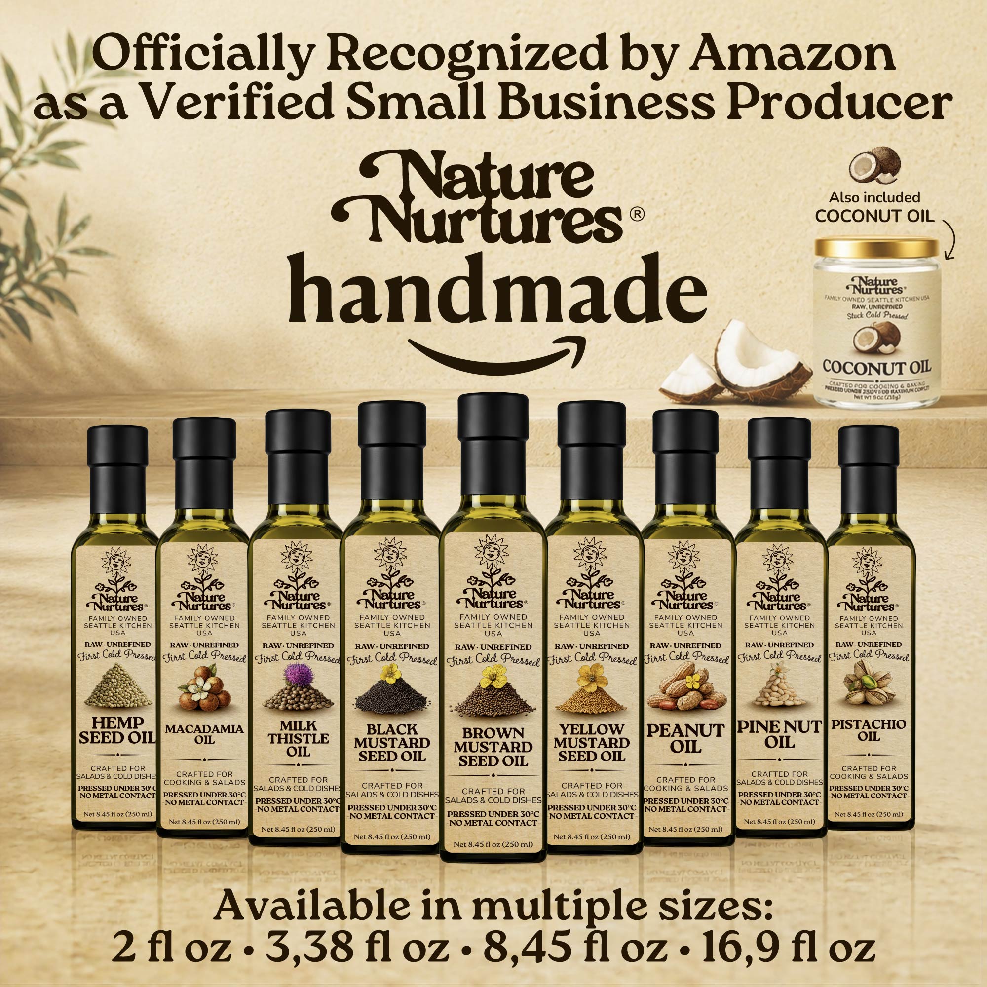 Over time, this approach becomes a full collection, officially recognized by Amazon as a verified small business producer, where each bottle carries the same careful standard and remains handmade, standing together like a quiet line of craft, including brown mustard seed oil, black mustard seed oil, black cumin seed oil, sesame oil, and pumpkin seed oil, available in 60 ml (2 fl oz), 100 ml (3.38 fl oz), 250 ml (8.45 fl oz), and 500 ml (16.9 fl oz) sizes.