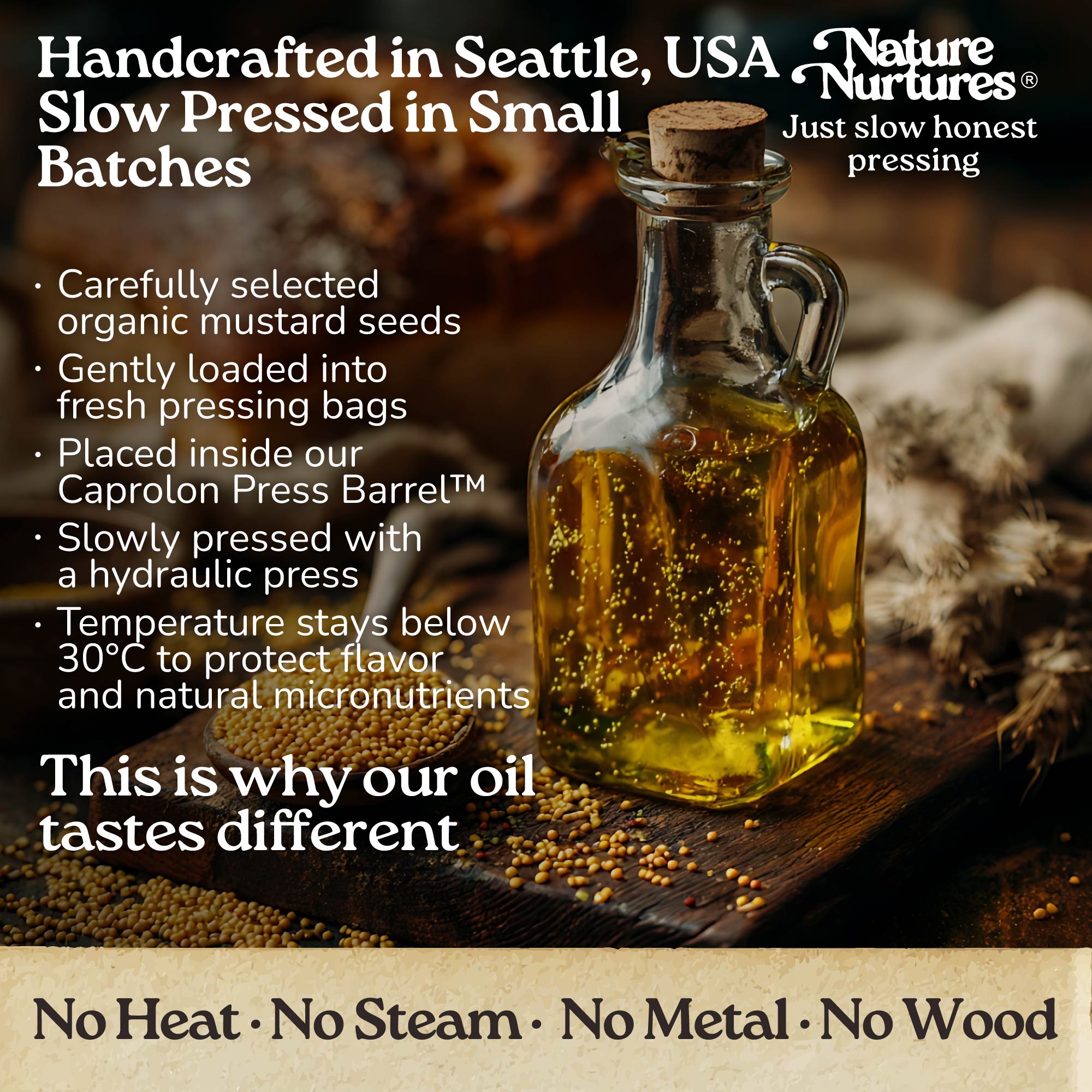 It continues in a small Seattle USA kitchen, where each batch is handcrafted and slowly pressed from carefully selected organic yellow mustard seeds. They are loaded into pressing bags, placed in the Caprolon Press Barrel, and pressed with a hydraulic press, where oil flows drop by drop into glass bottles. Temperature stays below 30°C to protect flavor and micronutrients. No heat, no steam, no metal, no wood, just slow, honest pressing that explains why the oil tastes different.