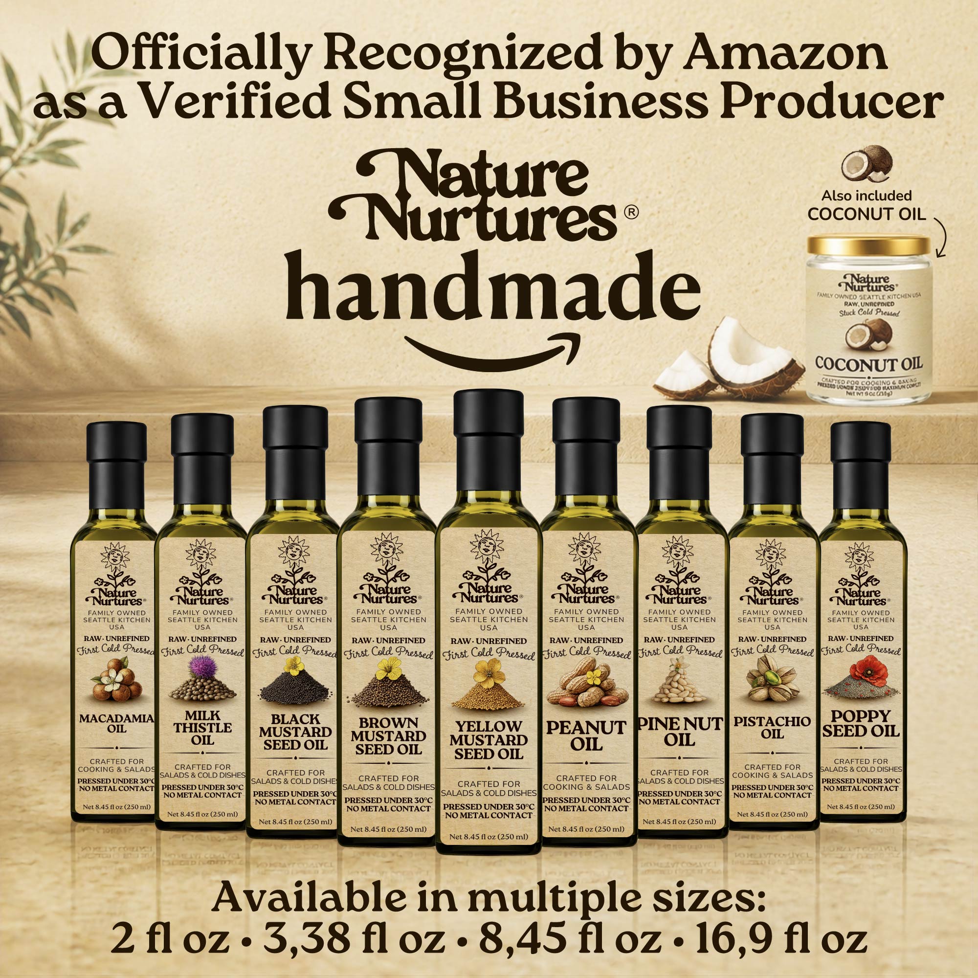 Over time, this approach becomes a full collection, officially recognized by Amazon as a verified small business producer, where each bottle carries the same careful standard and remains handmade, standing together like a quiet line of craft, including yellow mustard seed oil, brown mustard seed oil, black mustard seed oil, sesame oil, and pumpkin seed oil, available in 60 ml (2 fl oz), 100 ml (3.38 fl oz), 250 ml (8.45 fl oz), and 500 ml (16.9 fl oz) sizes.