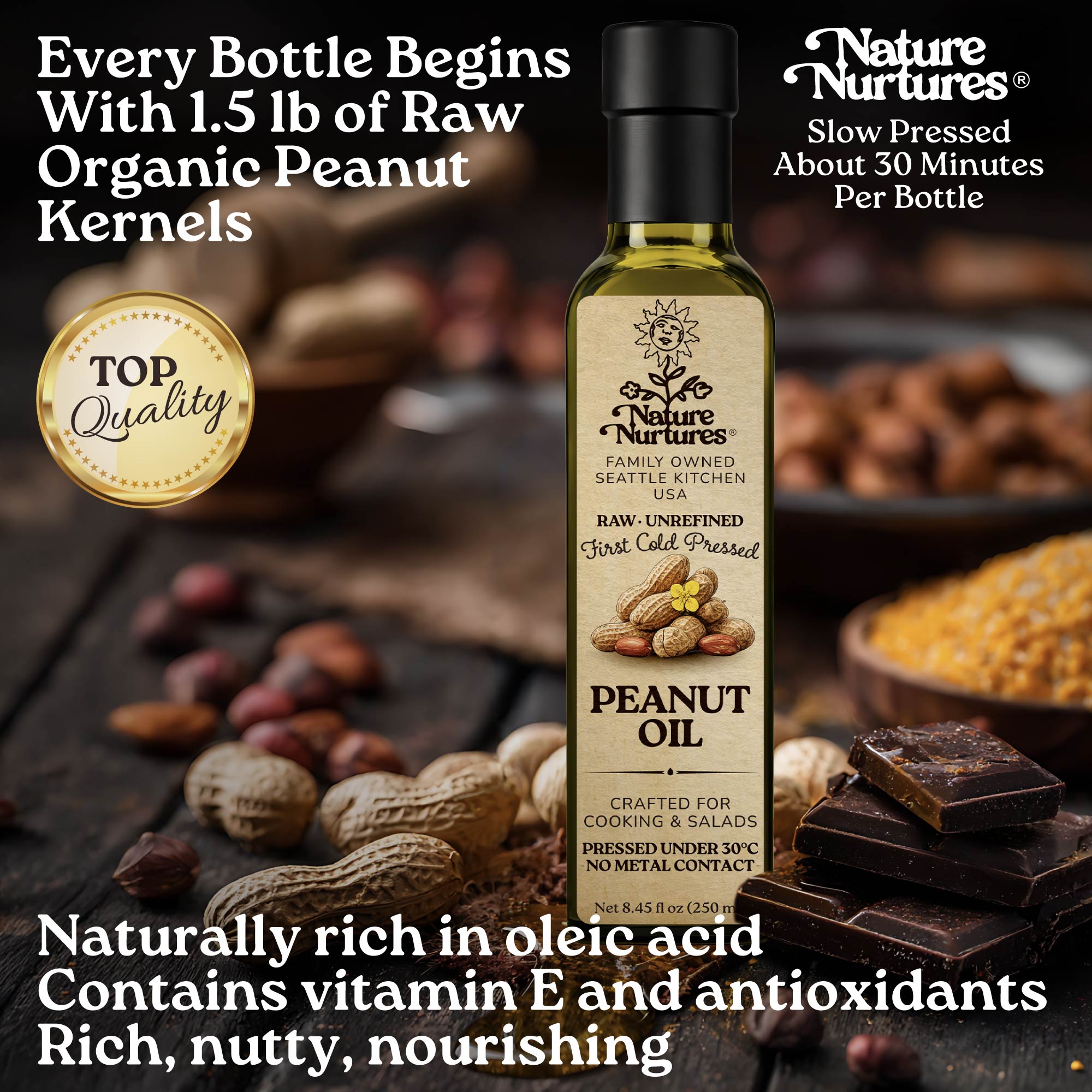 Every bottle begins with 1.5 lb of raw organic peanut kernels, marked by top quality and slowly pressed for about 30 minutes, carrying the patience of something made with care, rich in flavor and naturally comforting. Naturally rich in oleic acid, vitamin E, and antioxidants, it feels rich, nutty, and deeply nourishing.