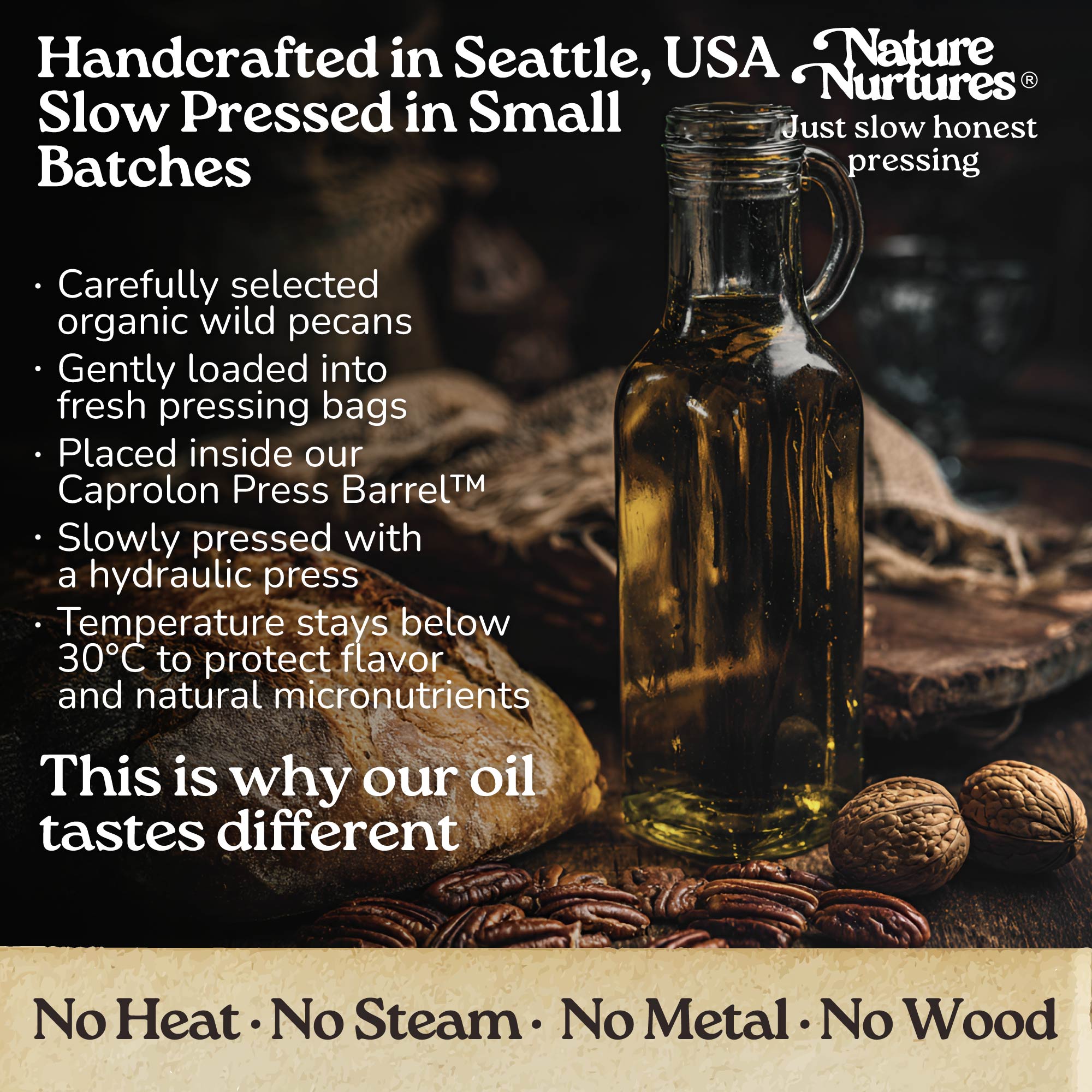 It continues in a small Seattle USA kitchen, where each batch is handcrafted and slowly pressed from carefully selected organic wild pecans. They are loaded into pressing bags, placed in the Caprolon Press Barrel, and pressed with a hydraulic press, where oil flows drop by drop into glass bottles. Temperature stays below 30°C to protect flavor and micronutrients. No heat, no steam, no metal, no wood, just slow, honest pressing that explains why the oil tastes different.