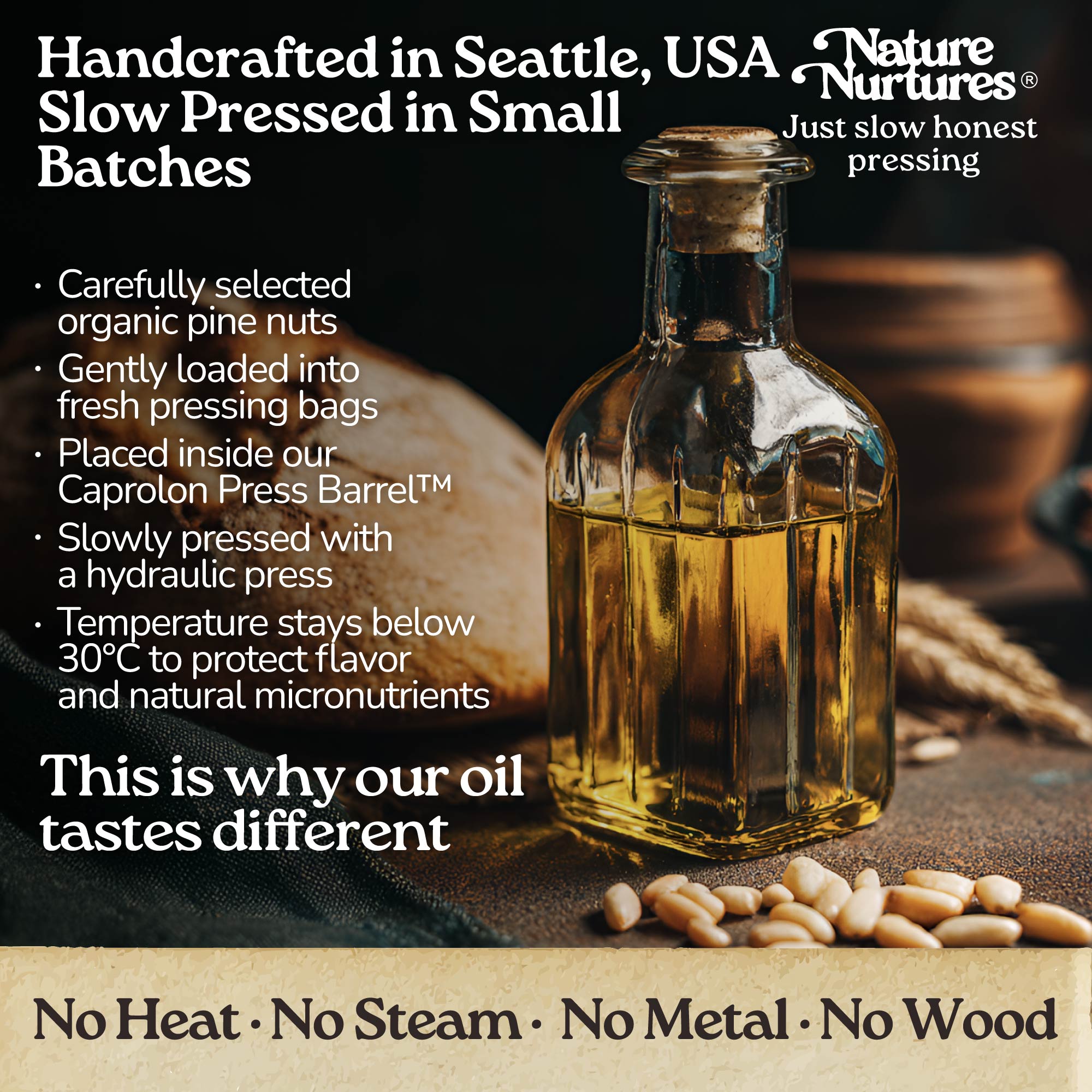 It continues in a small Seattle USA kitchen, where each batch is handcrafted and slowly pressed from carefully selected organic pine nuts. They are loaded into pressing bags, placed into the Caprolon Press Barrel, and pressed with a hydraulic press, where the oil flows drop by drop into glass bottles. Temperature stays below 30°C to protect flavor and micronutrients. No heat, no steam, no metal, no wood, just slow, honest pressing that explains why the oil tastes different.
