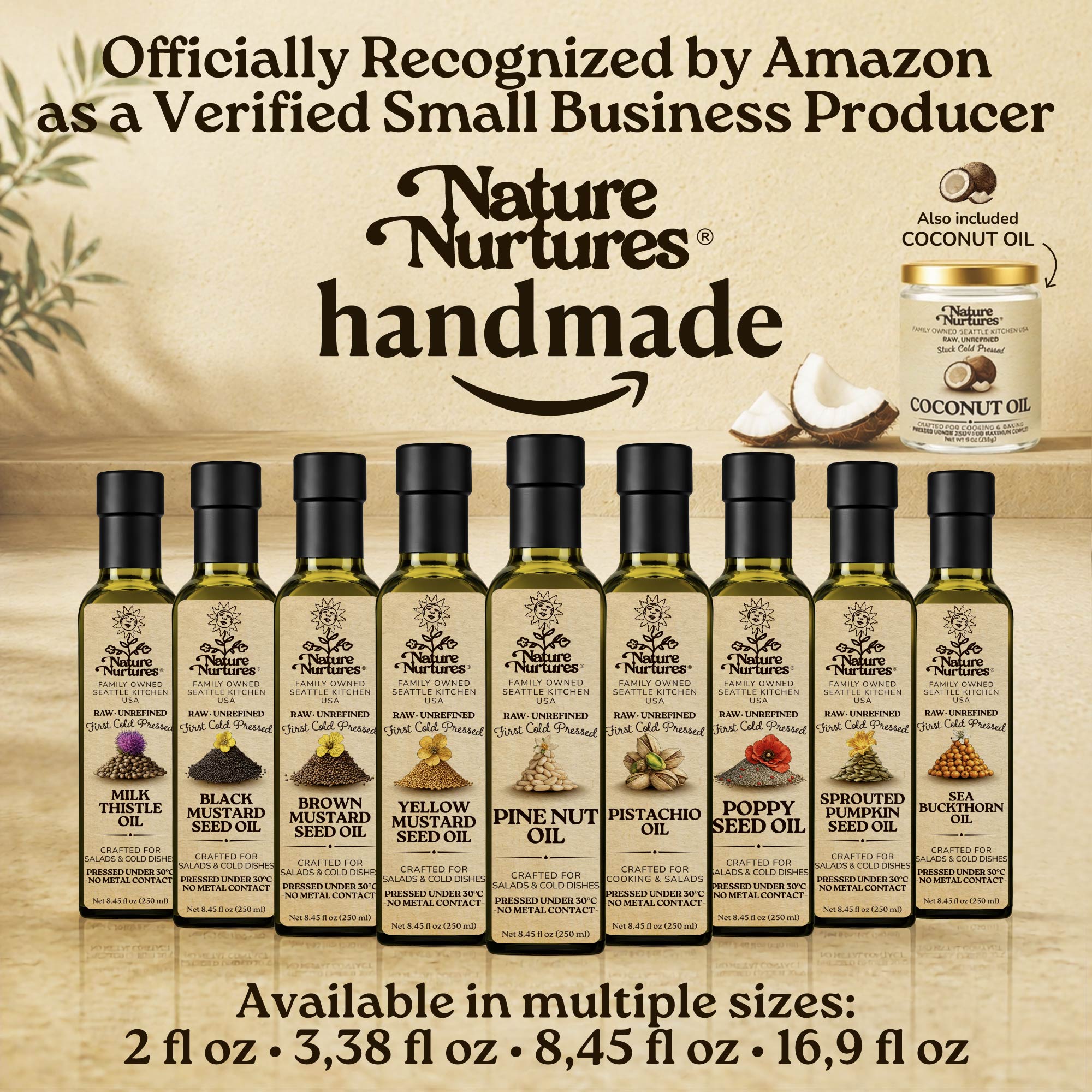 Over time, this approach becomes a focused collection, officially recognized by Amazon as a verified small business producer, where each bottle carries the same careful standard and remains handmade, standing together like a quiet line of craft, including pine nut oil, walnut oil, almond oil, and hazelnut oil, available in 60 ml (2 fl oz), 100 ml (3.38 fl oz), 250 ml (8.45 fl oz), and 500 ml (16.9 fl oz) sizes.