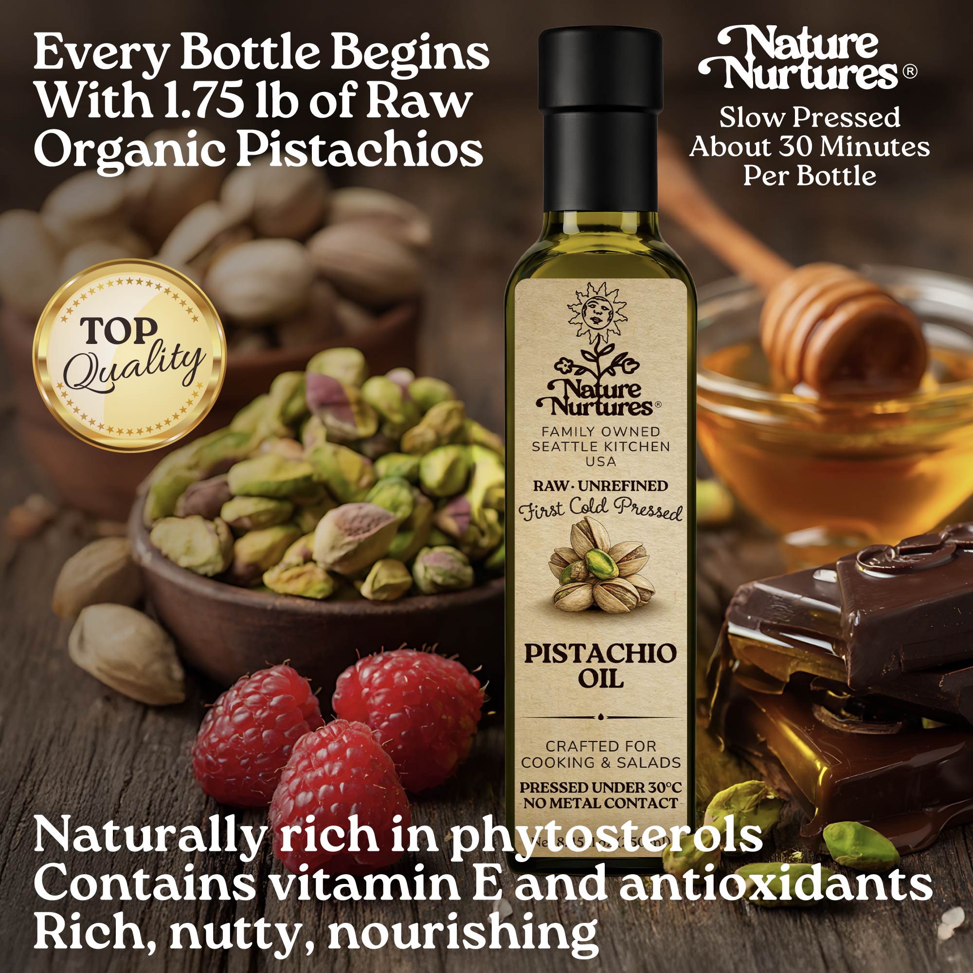 Every bottle begins with 1.75 lb of raw organic pistachios, slowly pressed for about 30 minutes, carrying the patience of something made with care. The result is rich in flavor and naturally smooth. Naturally rich in phytosterols, vitamin E, and antioxidants, it feels deep, balanced, and quietly nourishing.